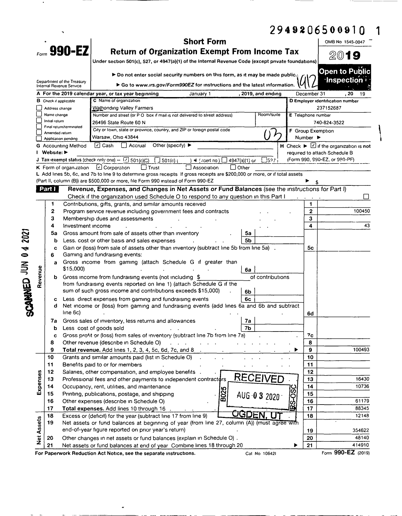 Image of first page of 2019 Form 990EZ for Walhonding Valley Farmers