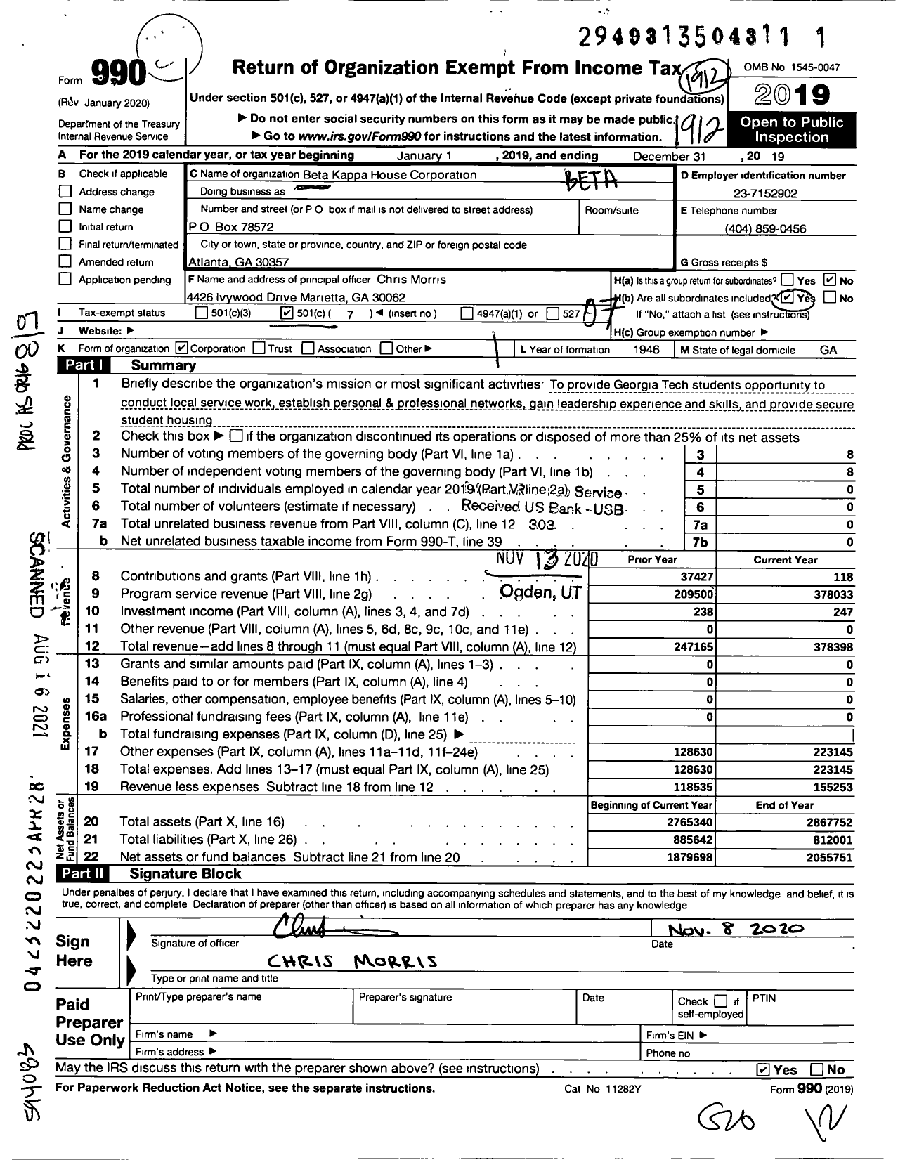 Image of first page of 2019 Form 990O for Beta Kappa House Corporation