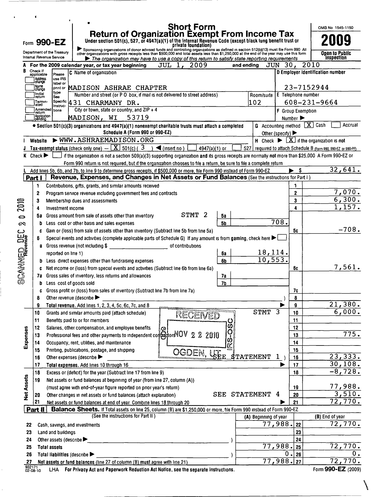 Image of first page of 2009 Form 990EZ for American Society of Heating Refrigeration and A-C Engineers / Madison