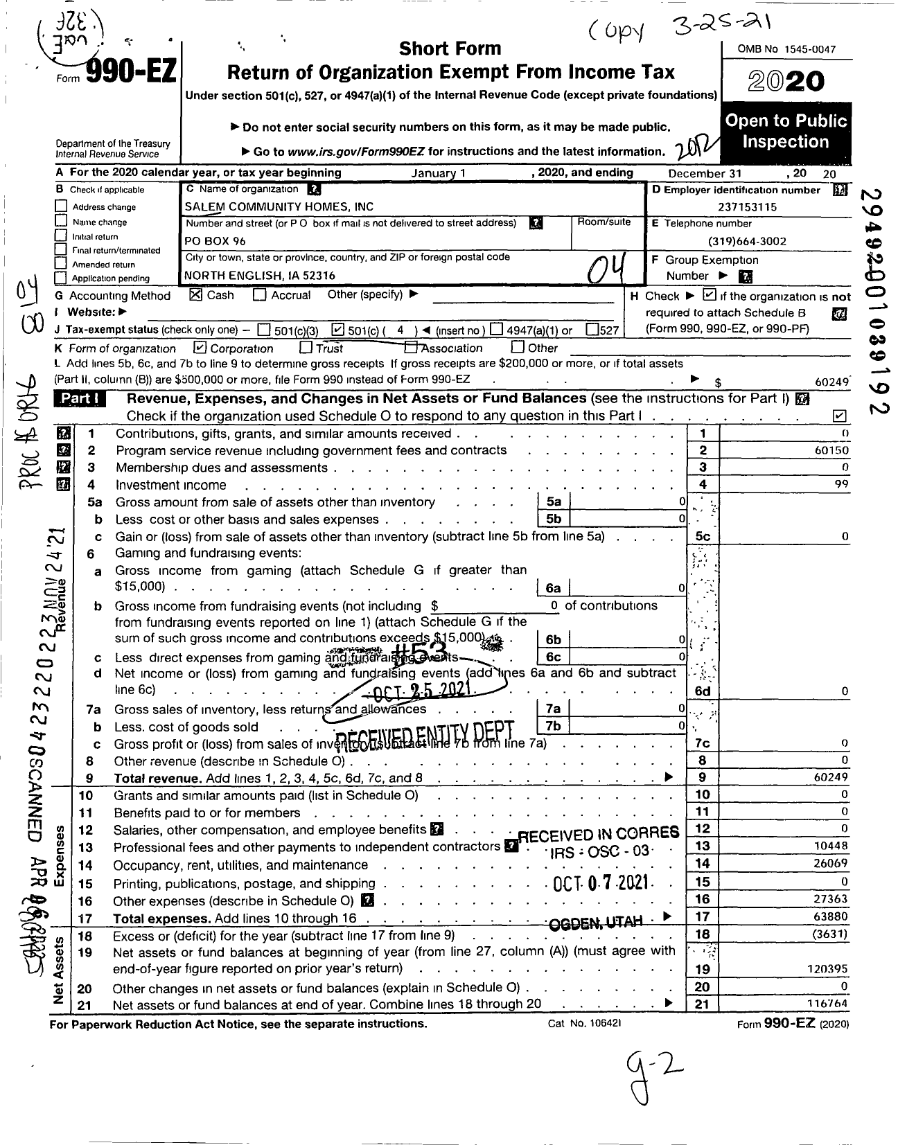 Image of first page of 2020 Form 990EO for Salem Community Homes