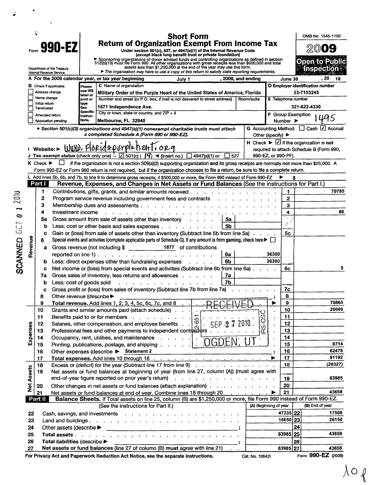 Image of first page of 2009 Form 990EO for Military Order of the Purple Heart - Department of Florida