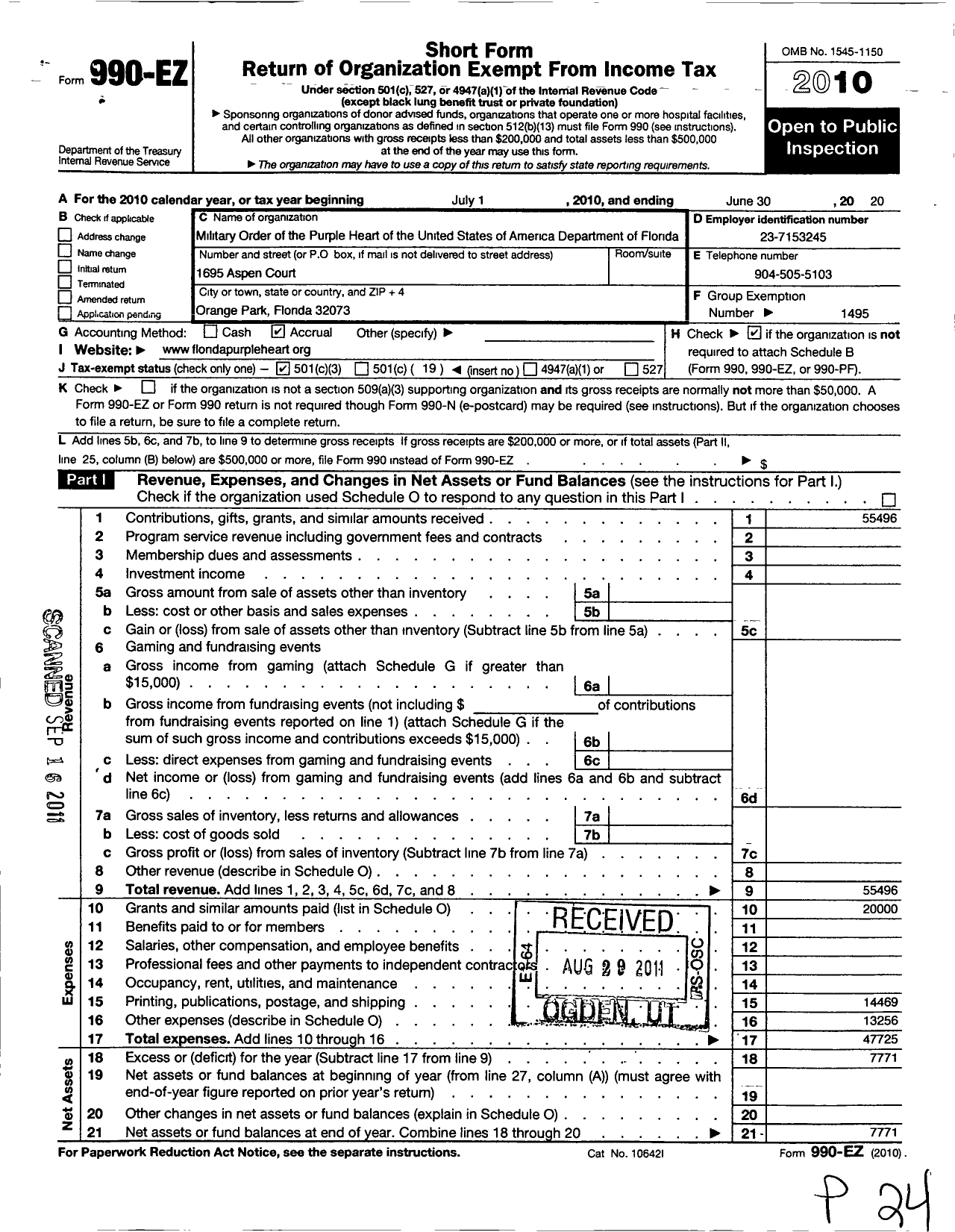 Image of first page of 2009 Form 990EZ for Military Order of the Purple Heart - Department of Florida