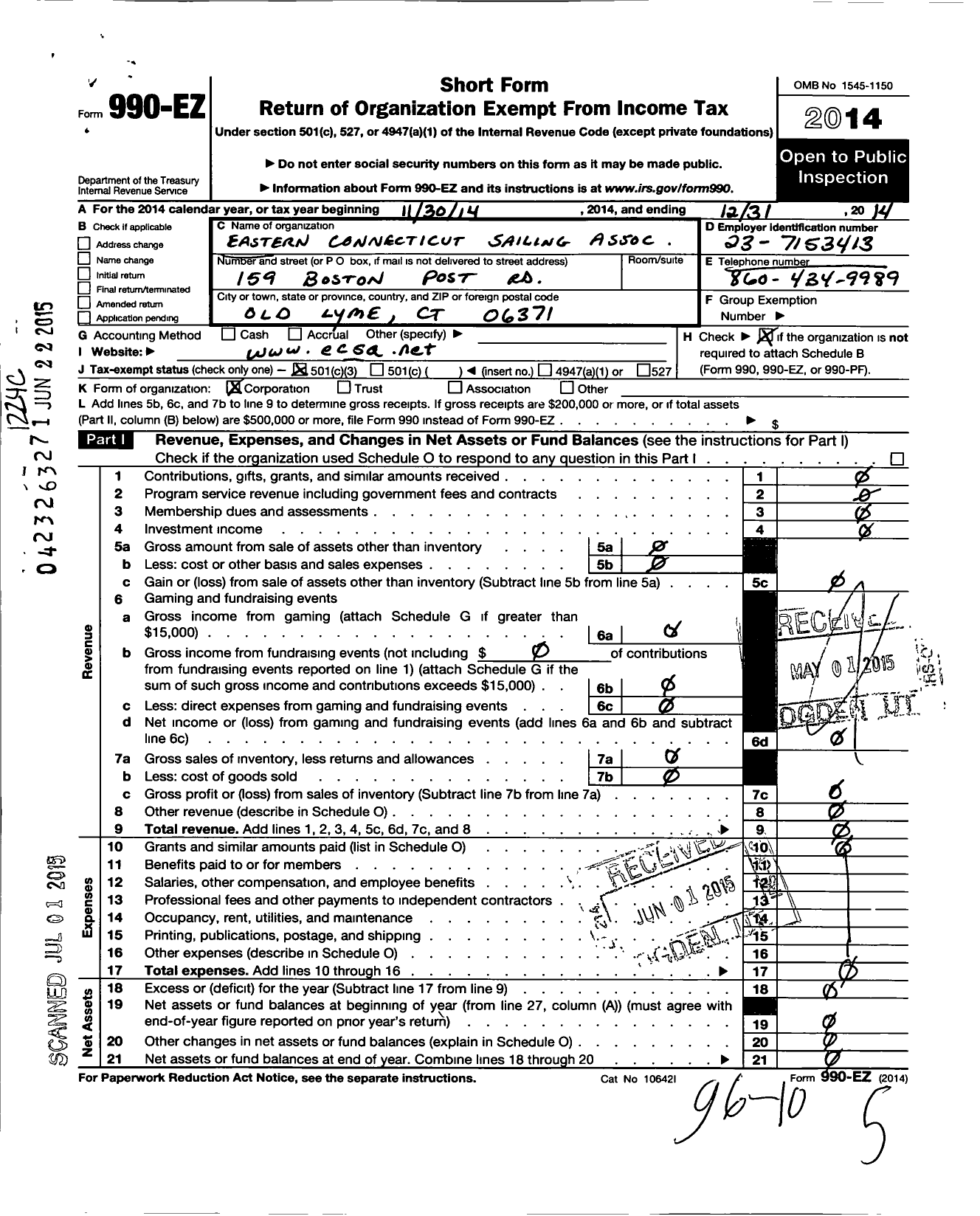 Image of first page of 2014 Form 990EZ for Eastern Connecticut Sailing Association