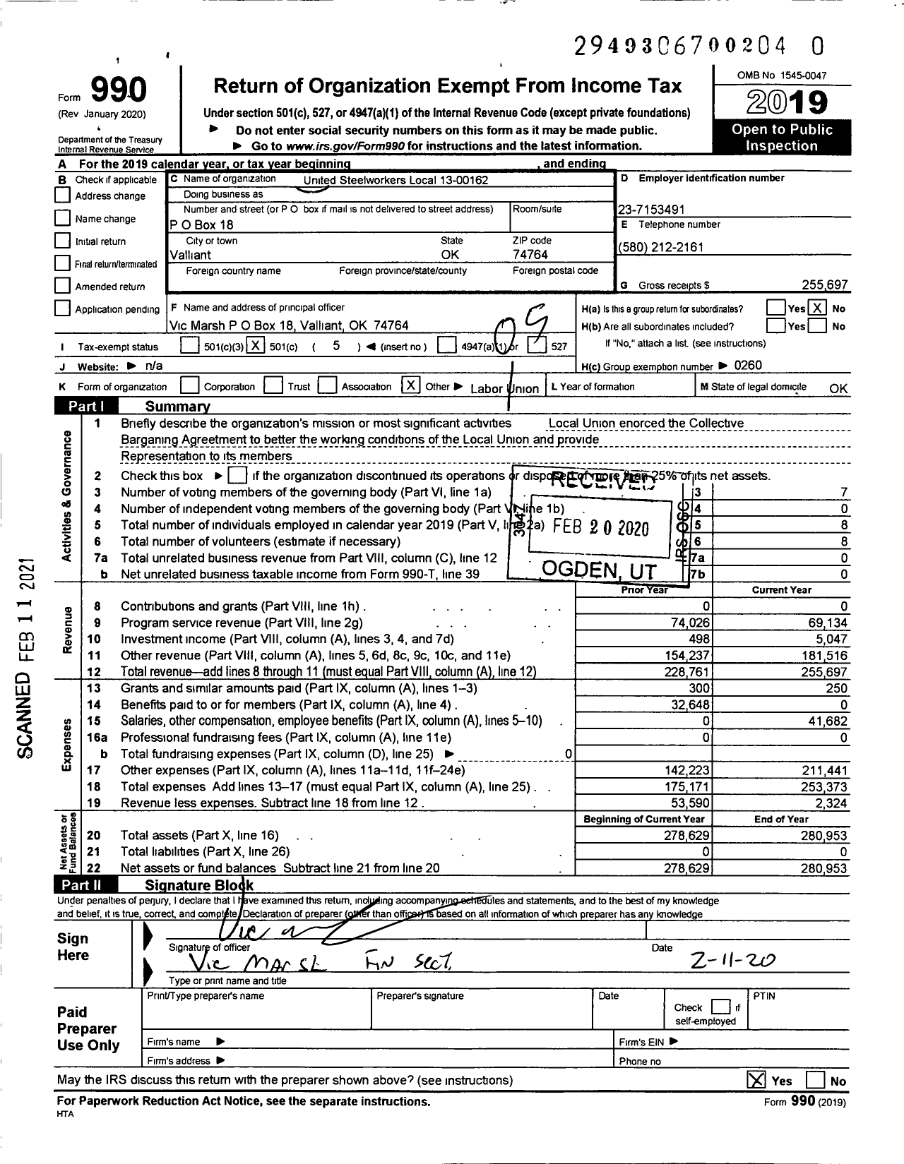 Image of first page of 2019 Form 990O for United Steelworkers - 13-00162 Local