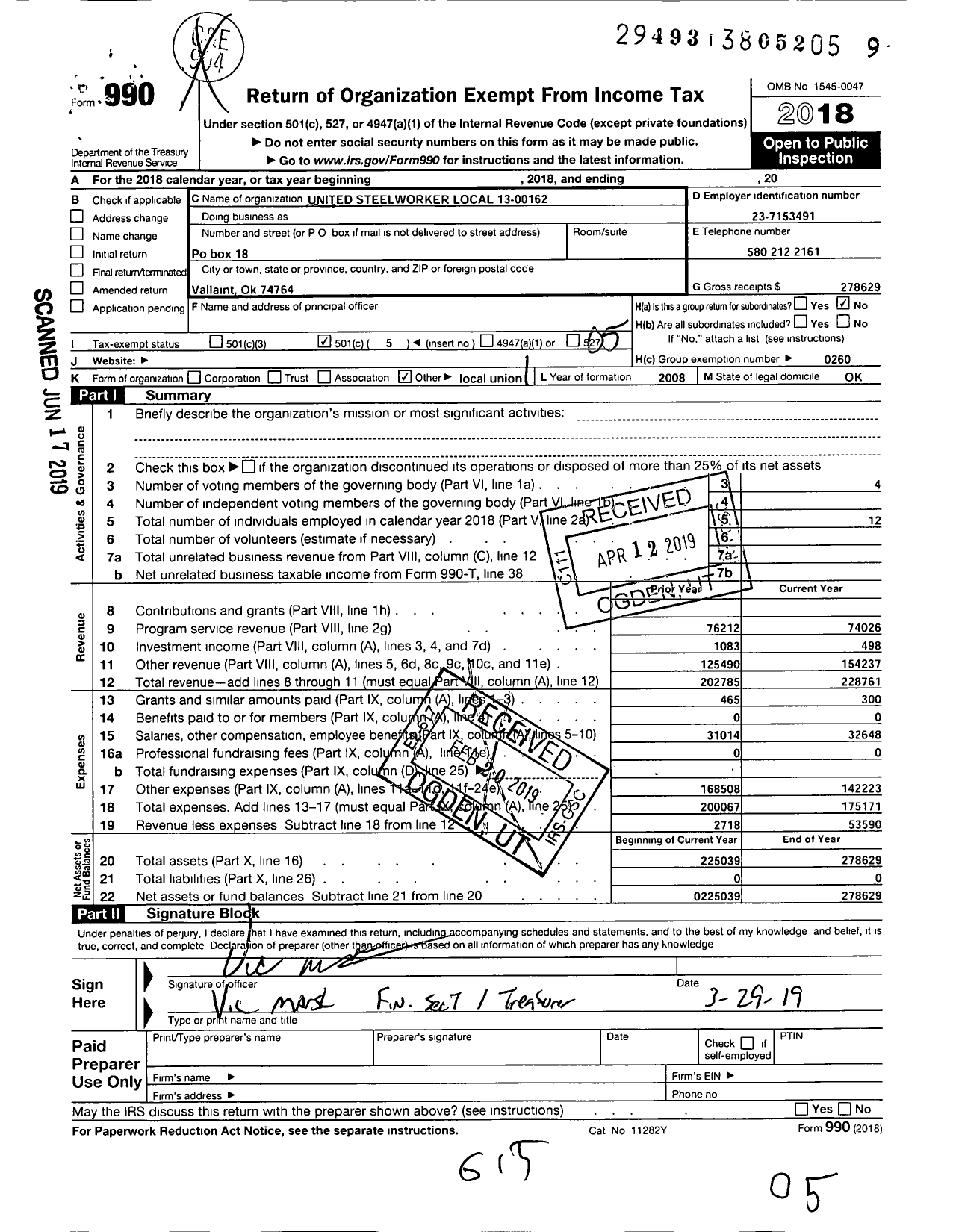 Image of first page of 2018 Form 990O for United Steelworkers - 13-00162 Local