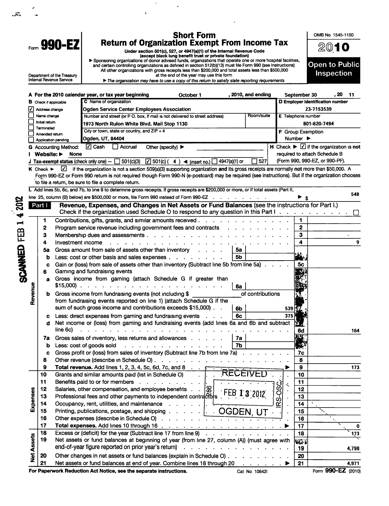 Image of first page of 2010 Form 990EO for Ogden Service Center Employees Association