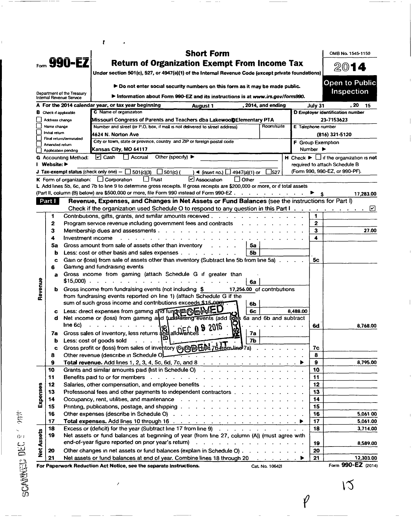 Image of first page of 2014 Form 990EO for PTA Missouri Congress / Lakewood School PTA