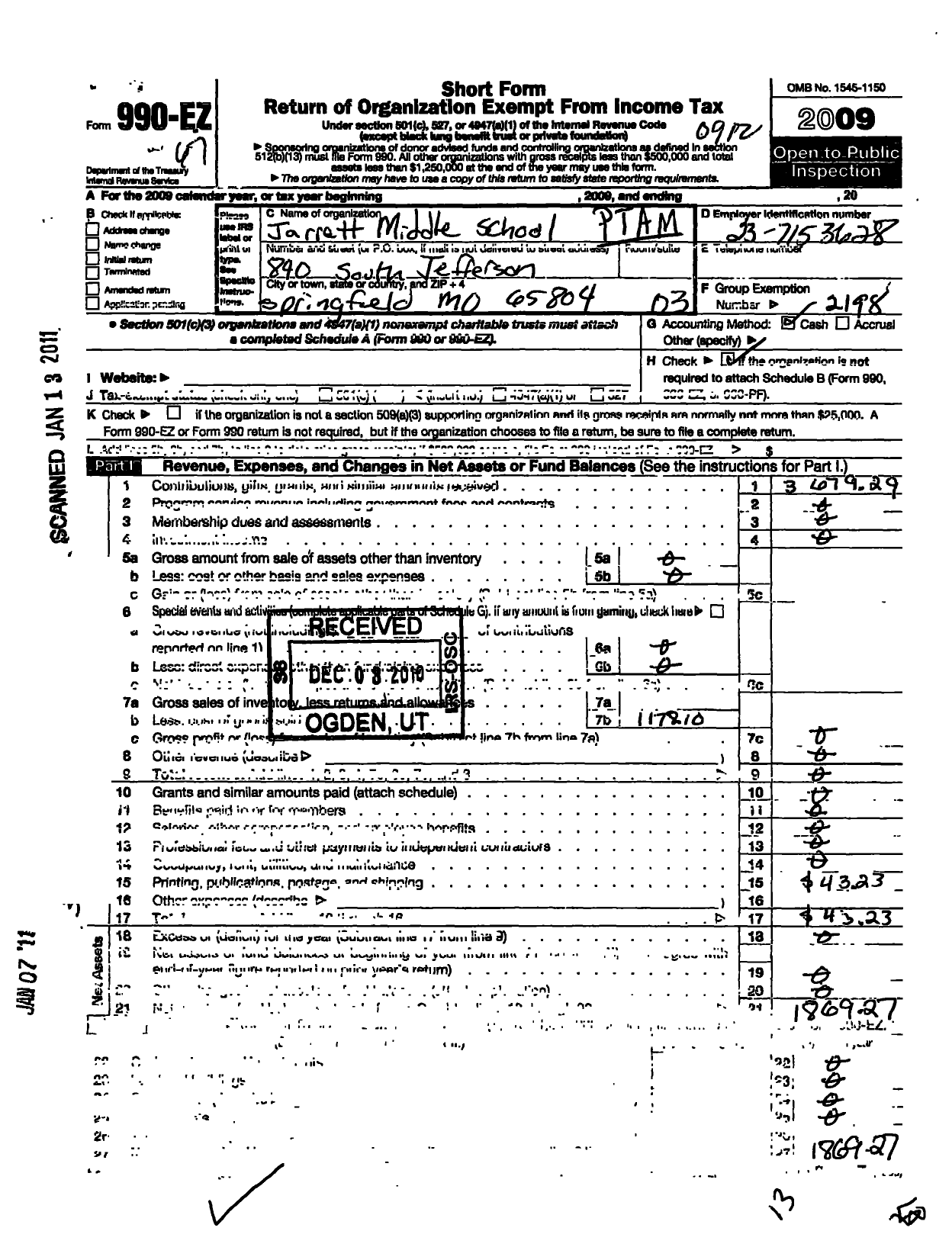 Image of first page of 2009 Form 990EO for PTA Missouri Congress / Jarrett Middle School PTA