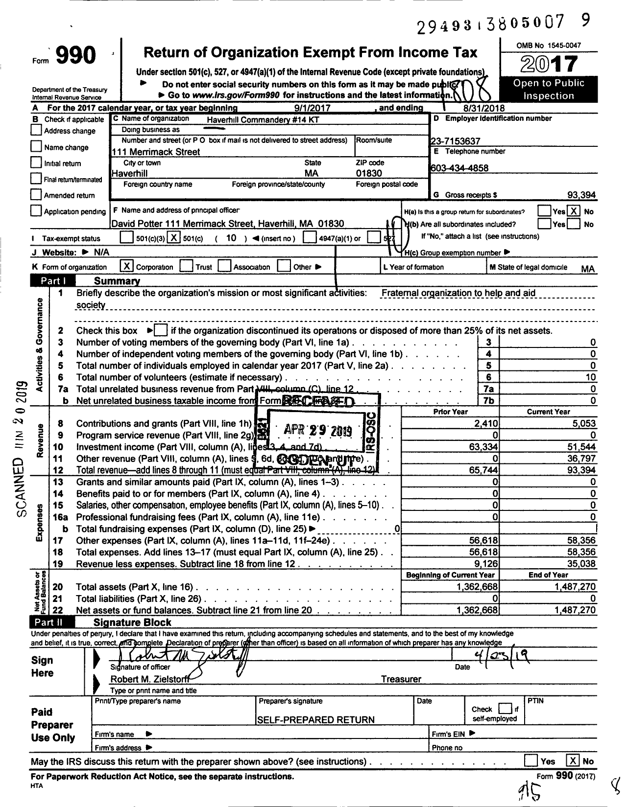 Image of first page of 2017 Form 990O for Knights Templar - 14 Haverhill Commandery