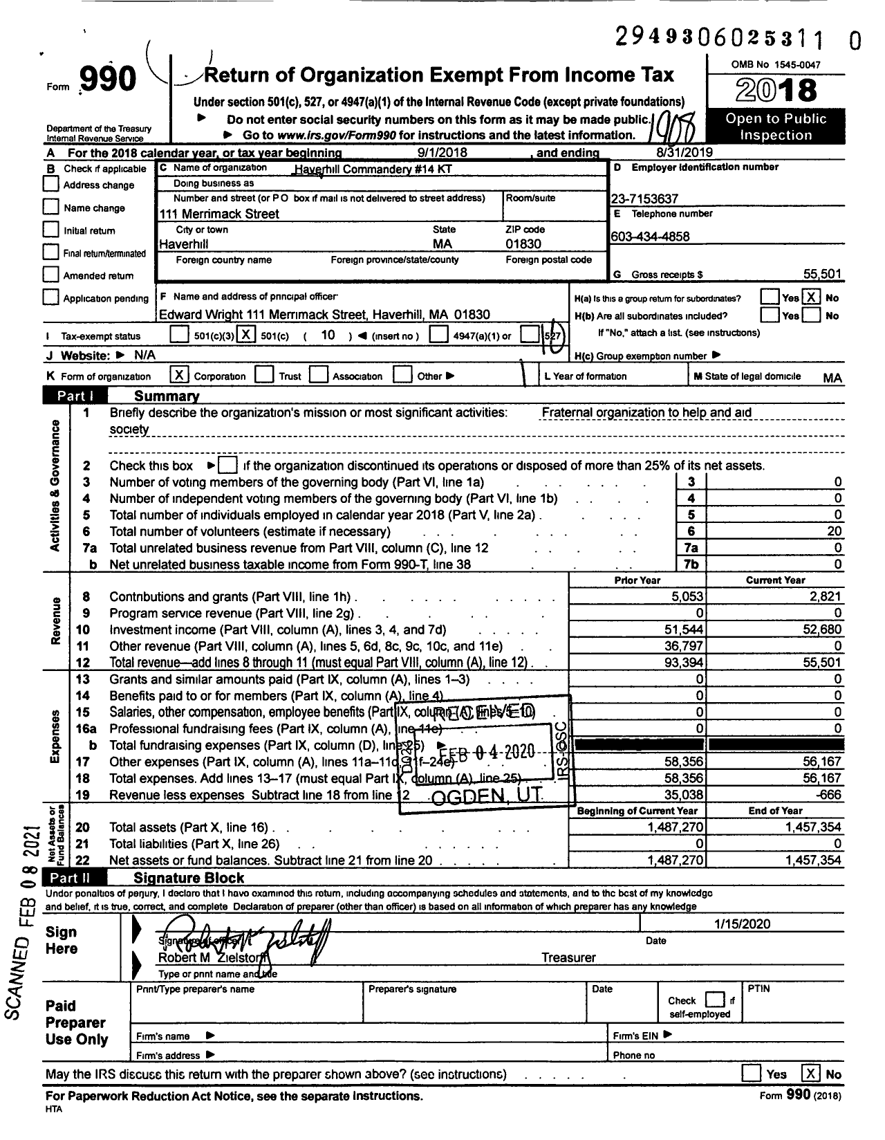 Image of first page of 2018 Form 990O for Knights Templar - 14 Haverhill Commandery