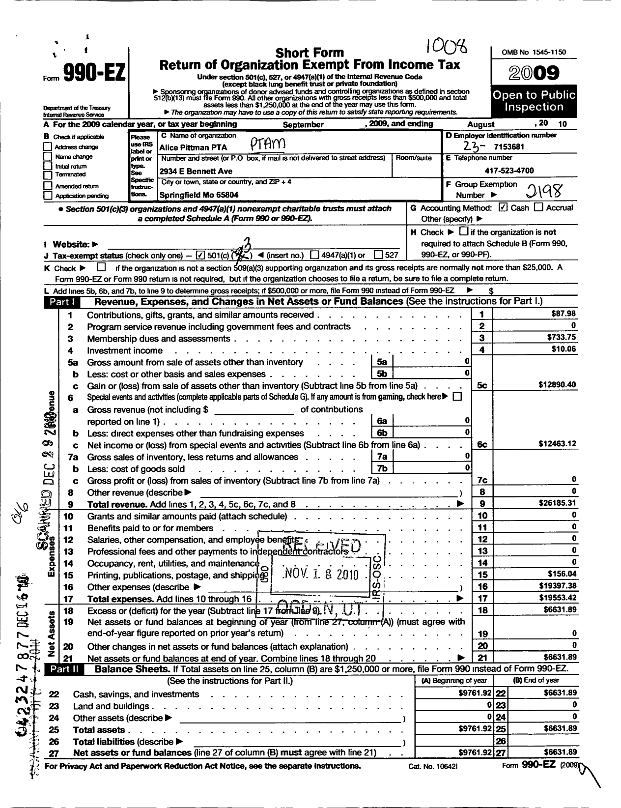 Image of first page of 2009 Form 990EZ for Alice Pittman Elementary PTA