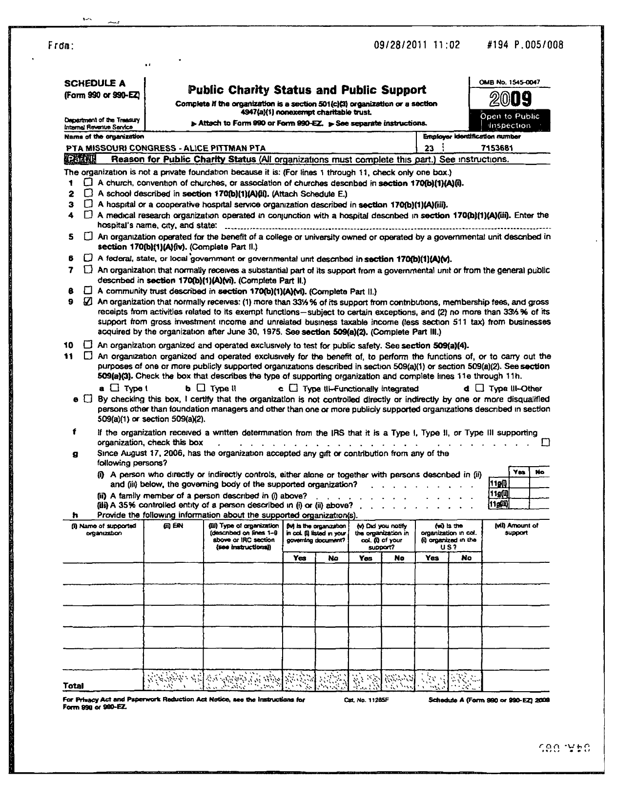 Image of first page of 2009 Form 990ER for Alice Pittman Elementary PTA