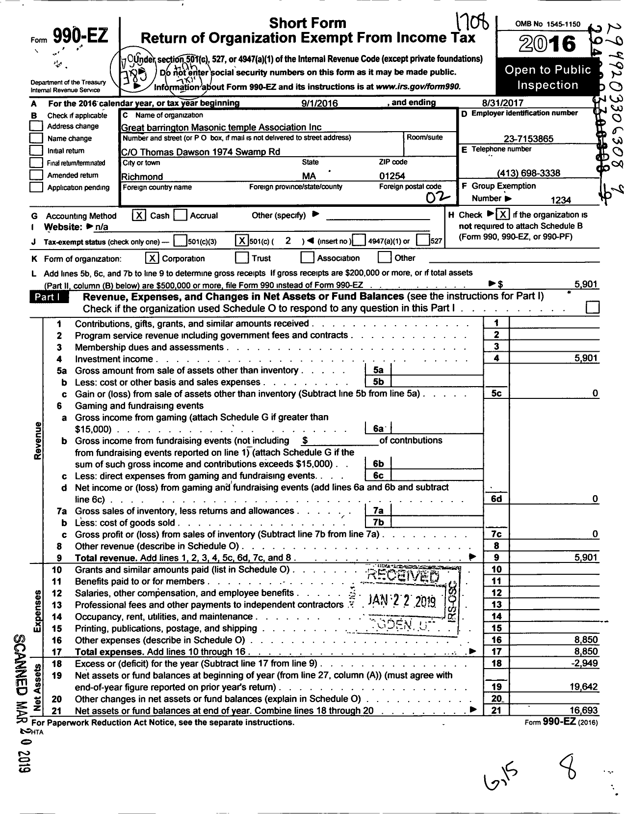 Image of first page of 2016 Form 990EO for Massachusetts Freemasons - Great Barrington Masonic Temple