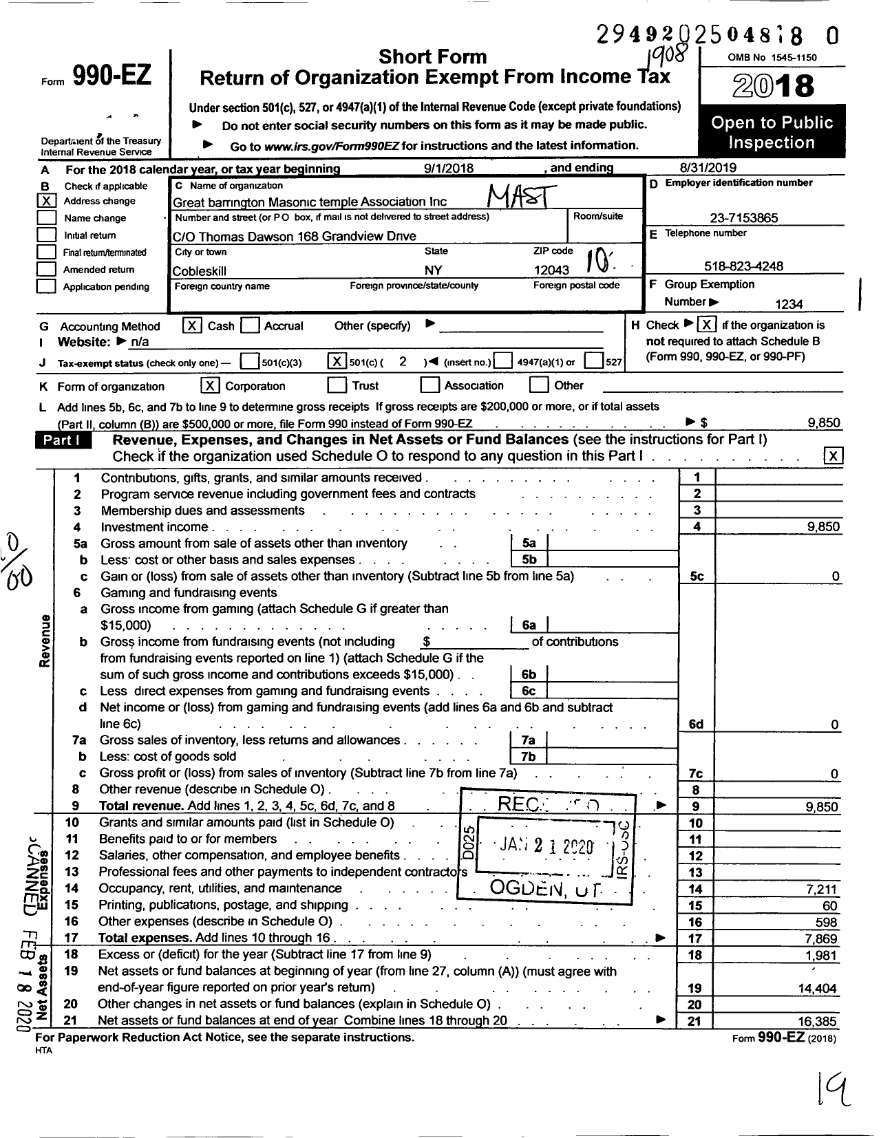 Image of first page of 2018 Form 990EO for Massachusetts Freemasons - Great Barrington Masonic Temple