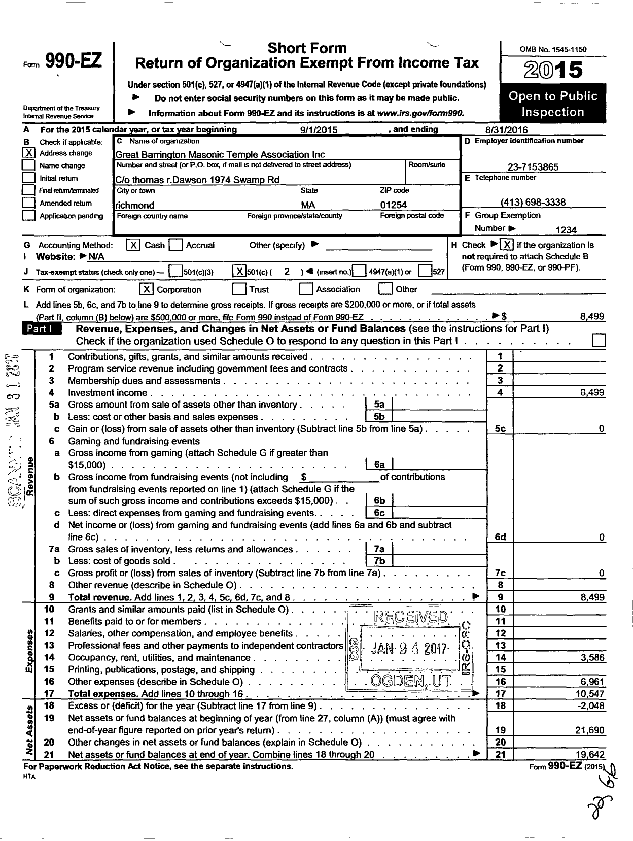 Image of first page of 2015 Form 990EO for Massachusetts Freemasons - Great Barrington Masonic Temple