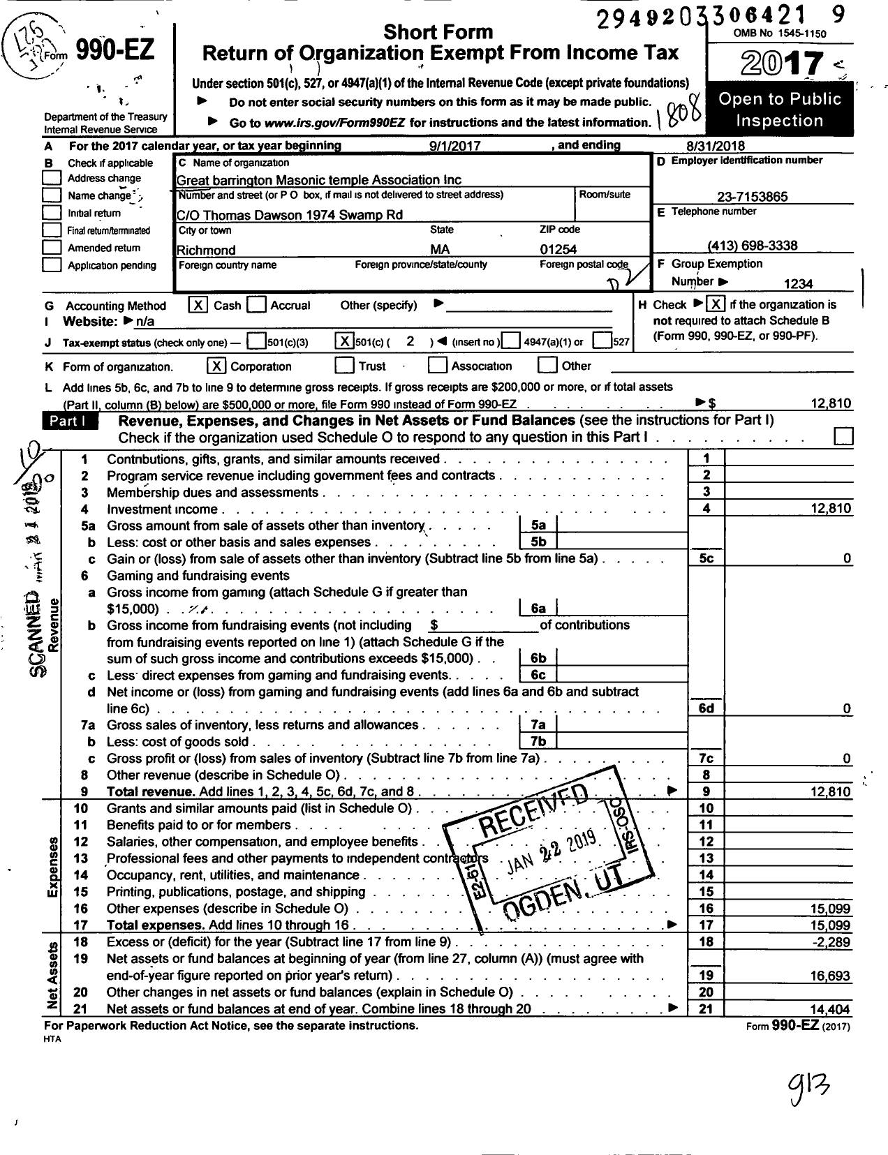 Image of first page of 2017 Form 990EO for Massachusetts Freemasons - Great Barrington Masonic Temple