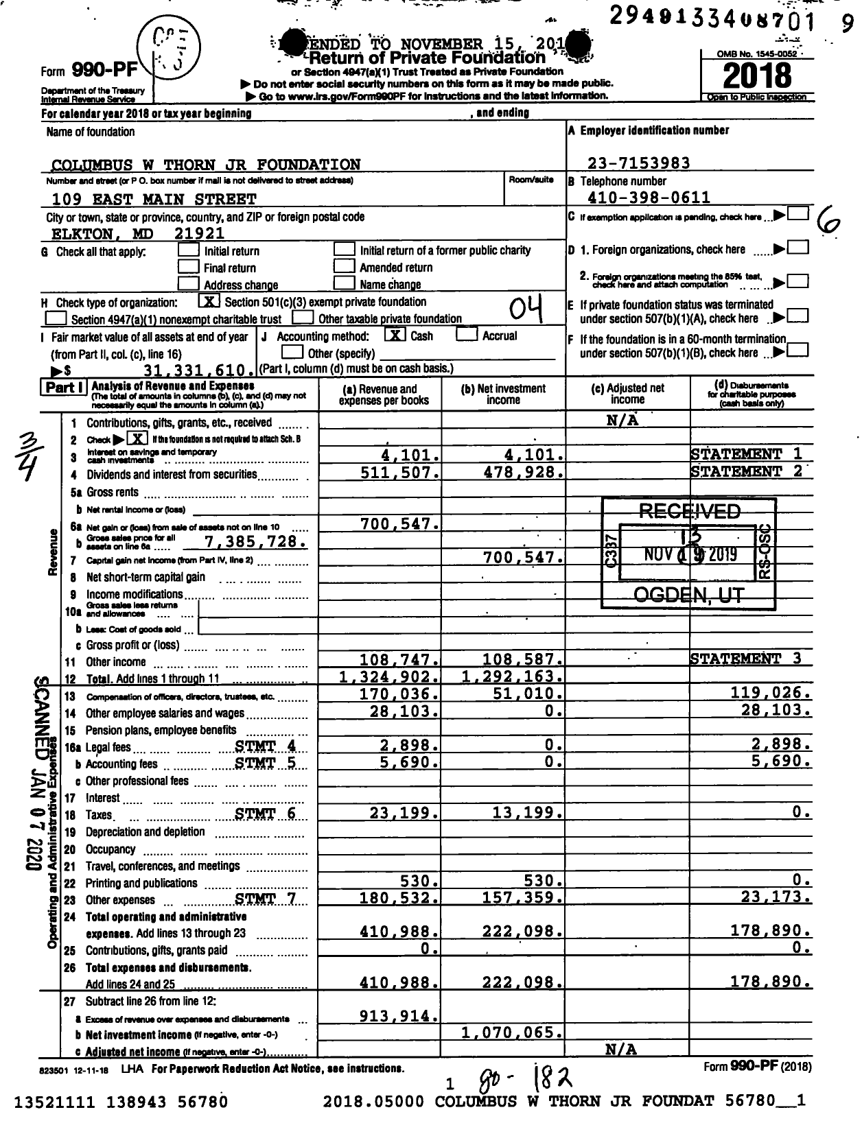 Image of first page of 2018 Form 990PF for Columbus W Thorn JR Foundation