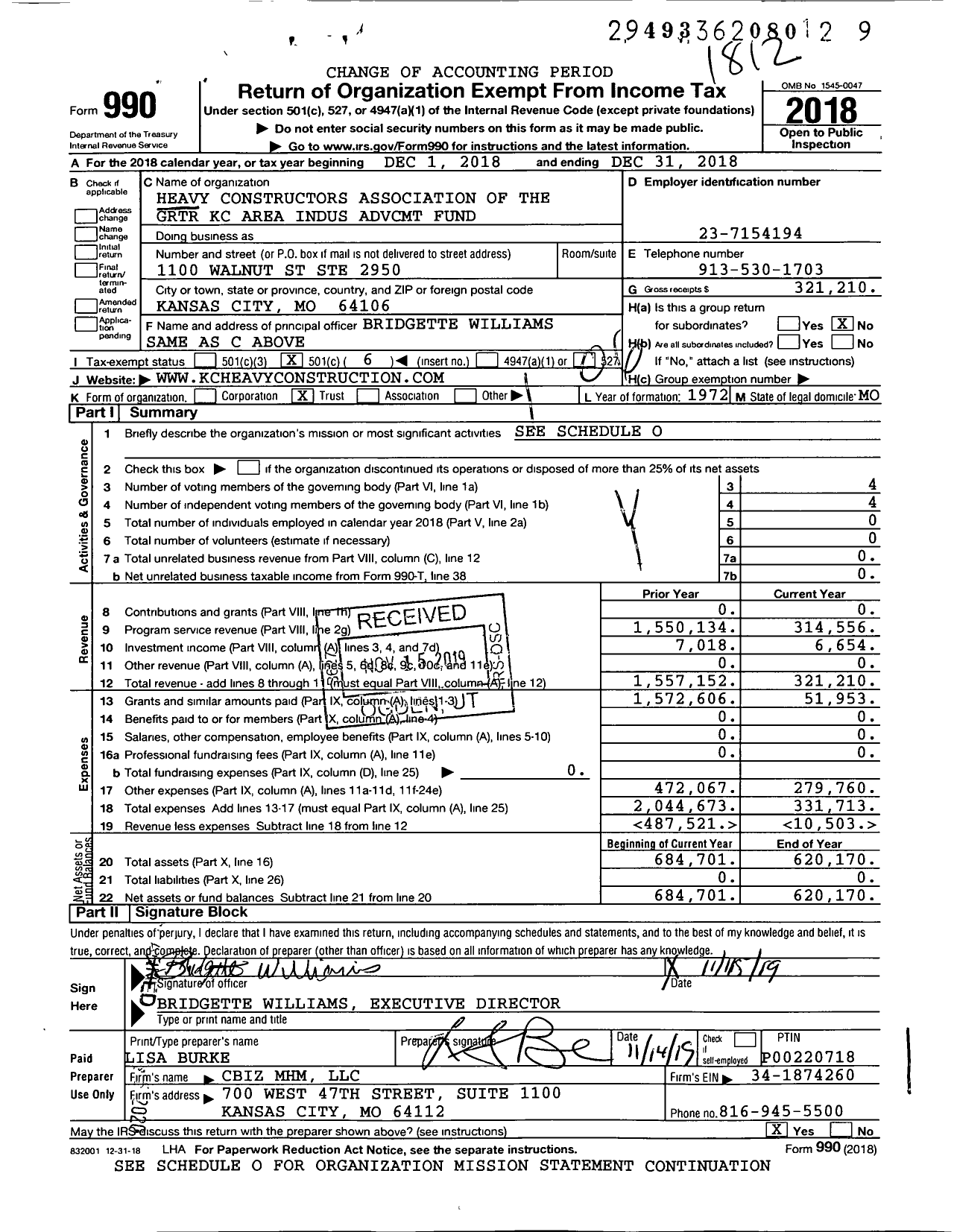 Image of first page of 2018 Form 990O for Heavy Constructors Association of The grtr kc area indus advcmt fund (HCA)