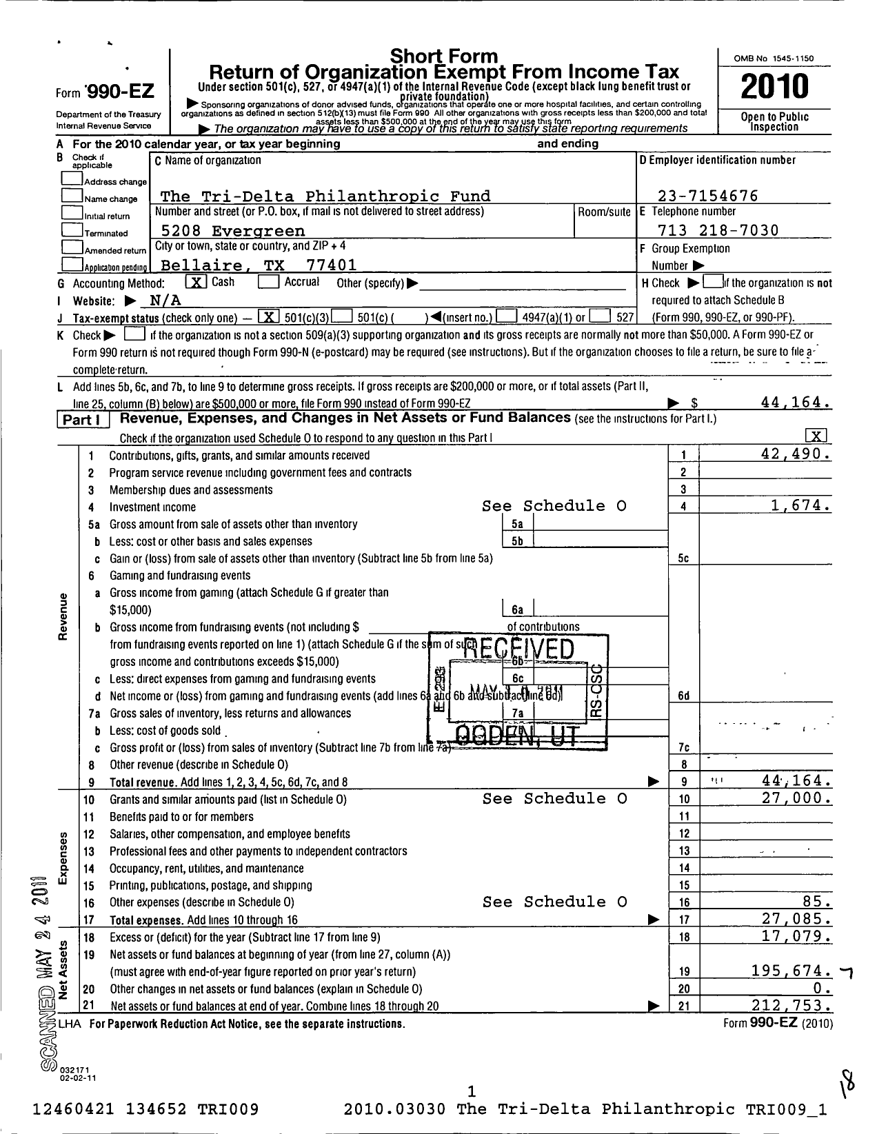 Image of first page of 2010 Form 990EZ for The Tri Delta Philanthropic Fund