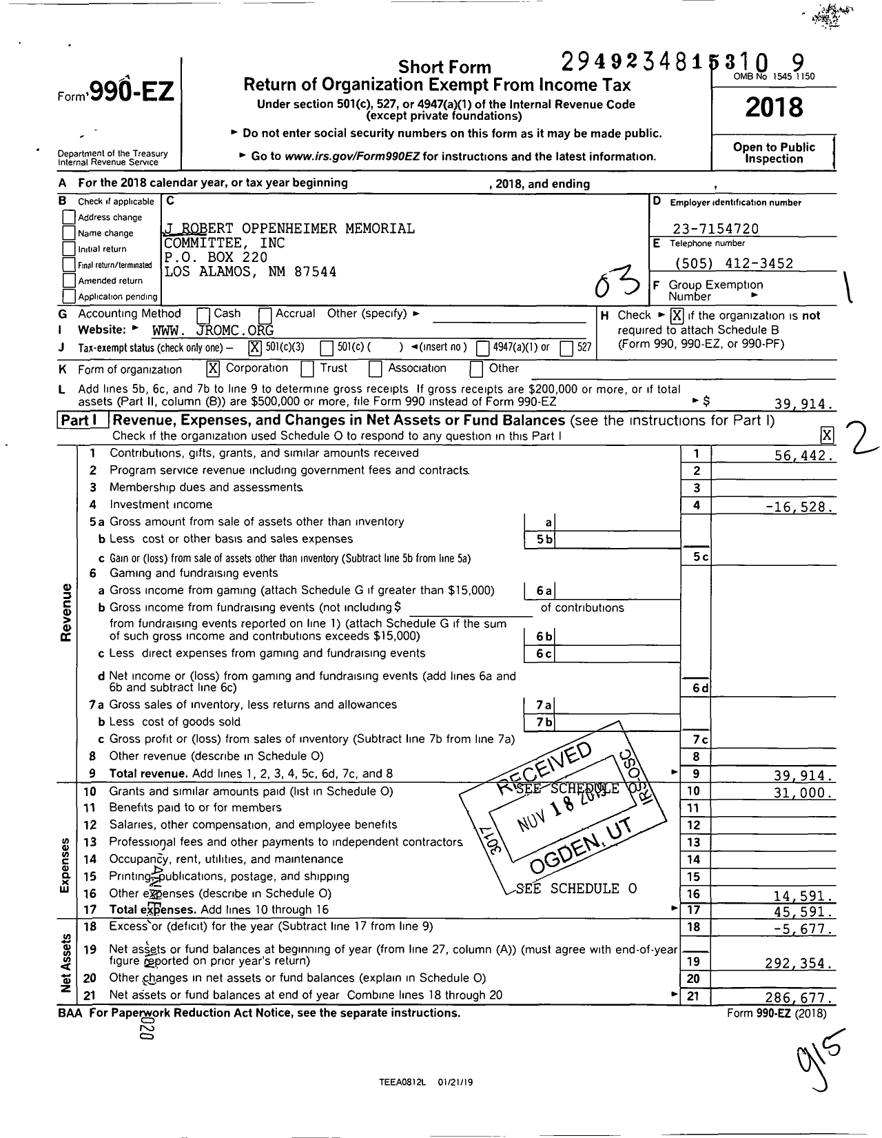 Image of first page of 2018 Form 990EZ for J Robert Oppenheimer Memorial Committee