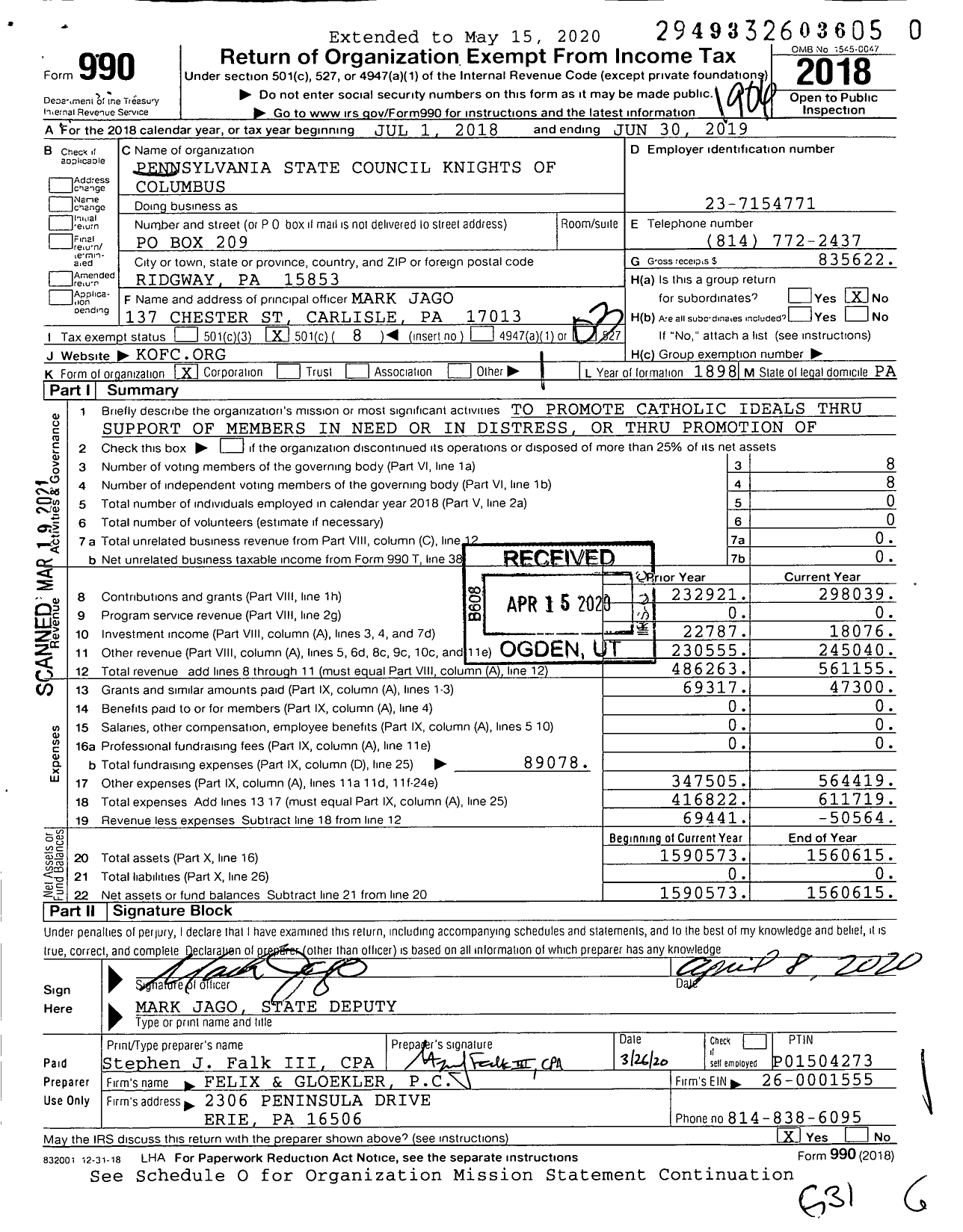 Image of first page of 2018 Form 990 for Knights of Columbus - Pennsylvania State Council