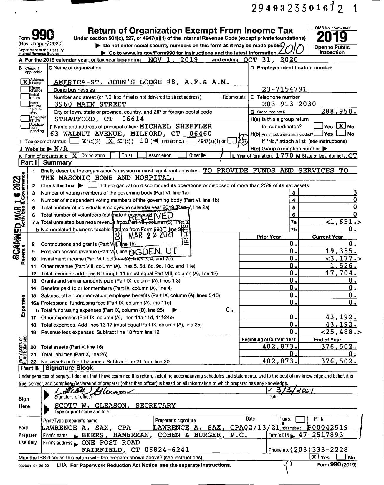 Image of first page of 2019 Form 990O for Ancient Free and Accepted Masons of Connecticut - 8 America-St Johns Lodge