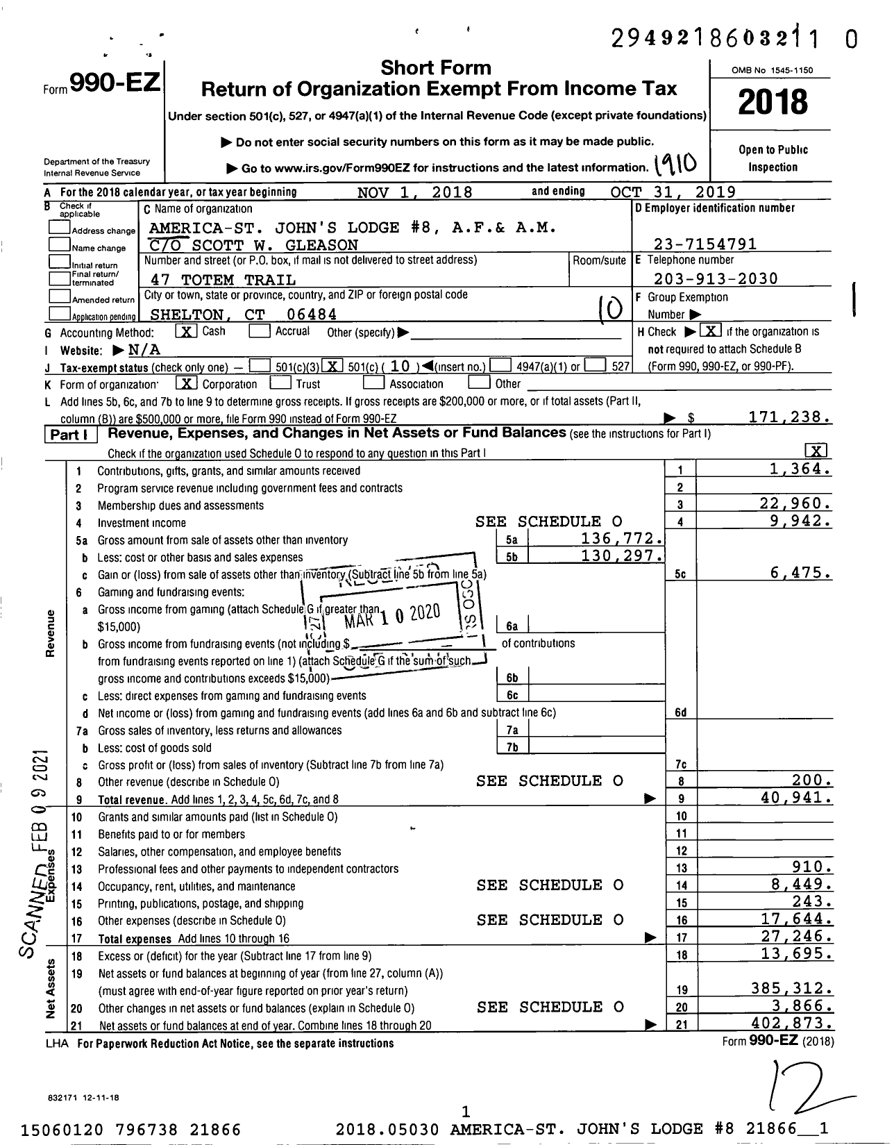 Image of first page of 2018 Form 990EO for Ancient Free and Accepted Masons of Connecticut - 8 America-St Johns Lodge