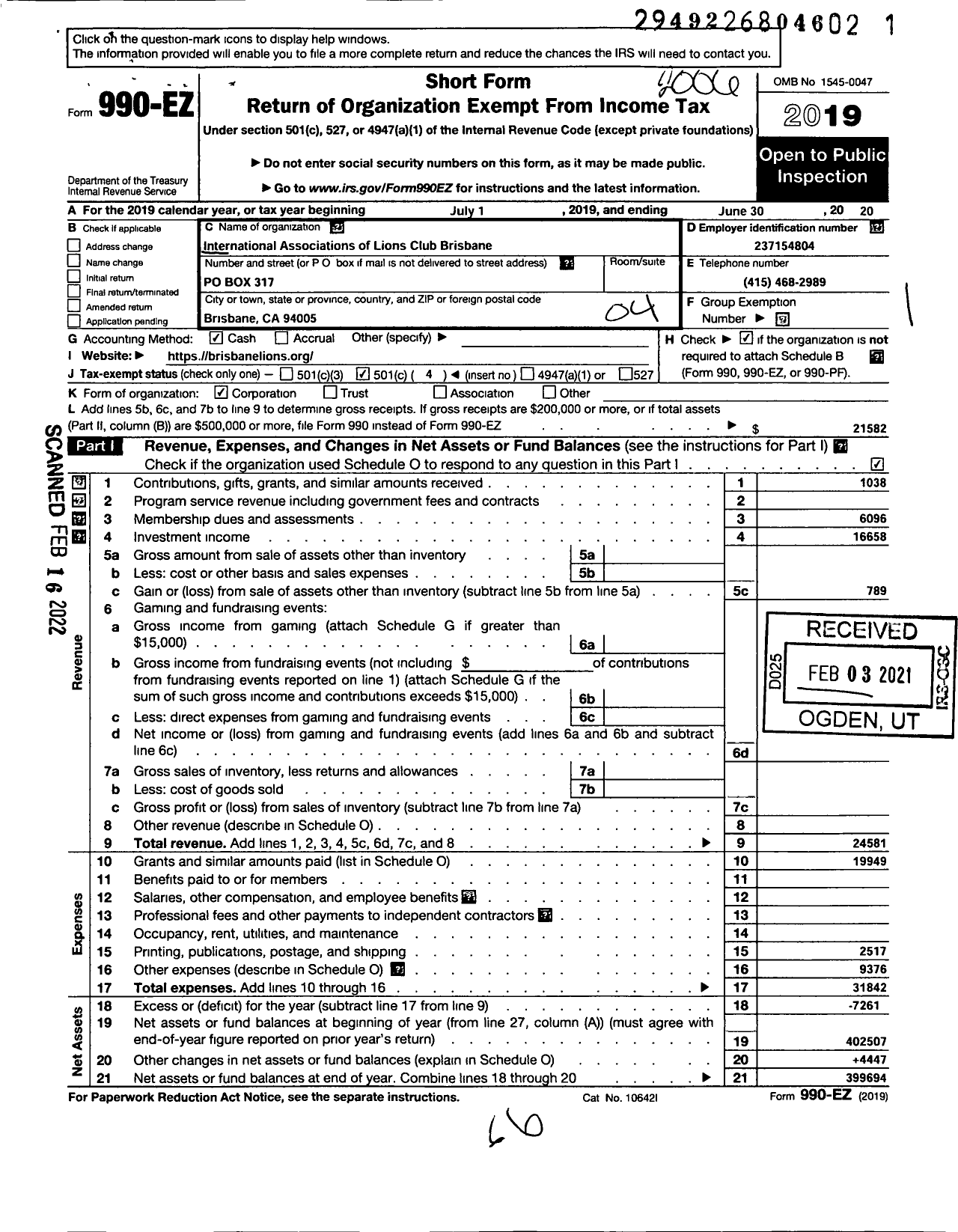 Image of first page of 2019 Form 990EO for Lions Clubs - 2115 Brisbane