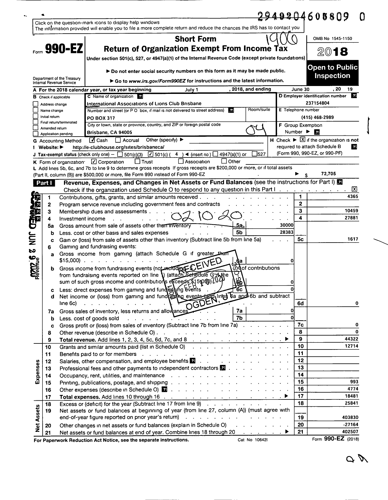 Image of first page of 2018 Form 990EO for Lions Clubs - 2115 Brisbane