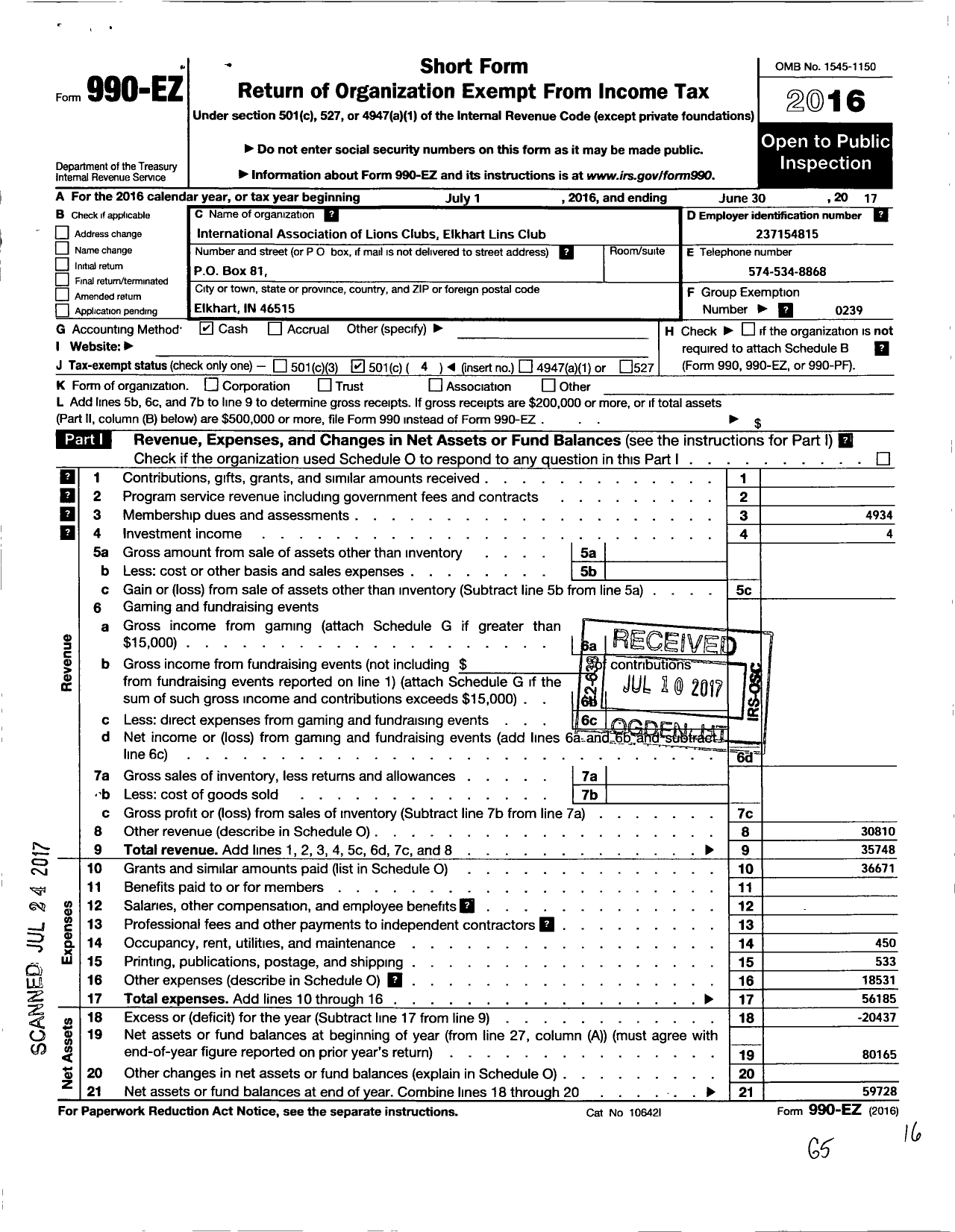 Image of first page of 2016 Form 990EO for Lions Clubs - 9802 Elkhart