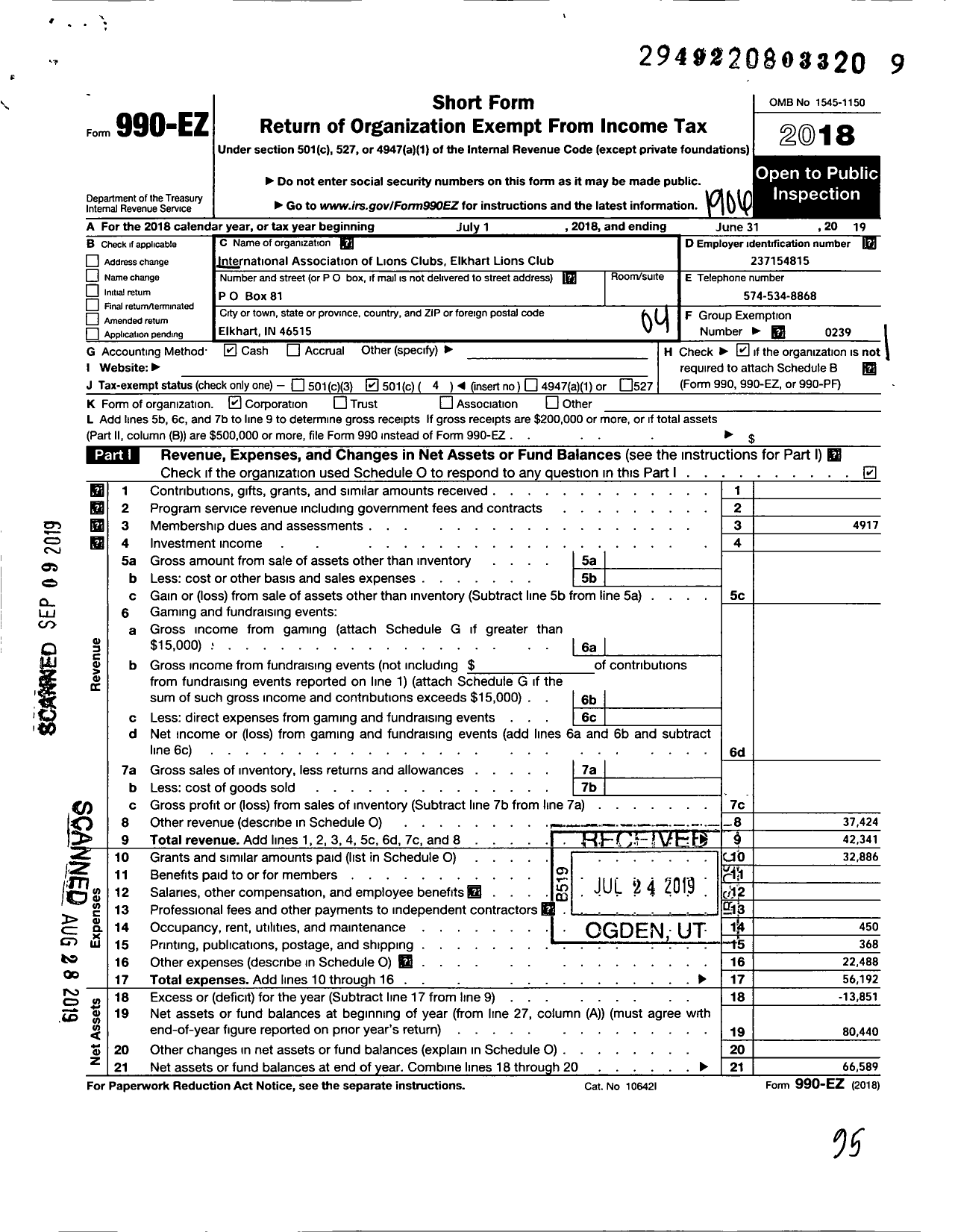 Image of first page of 2018 Form 990EO for Lions Clubs - 9802 Elkhart