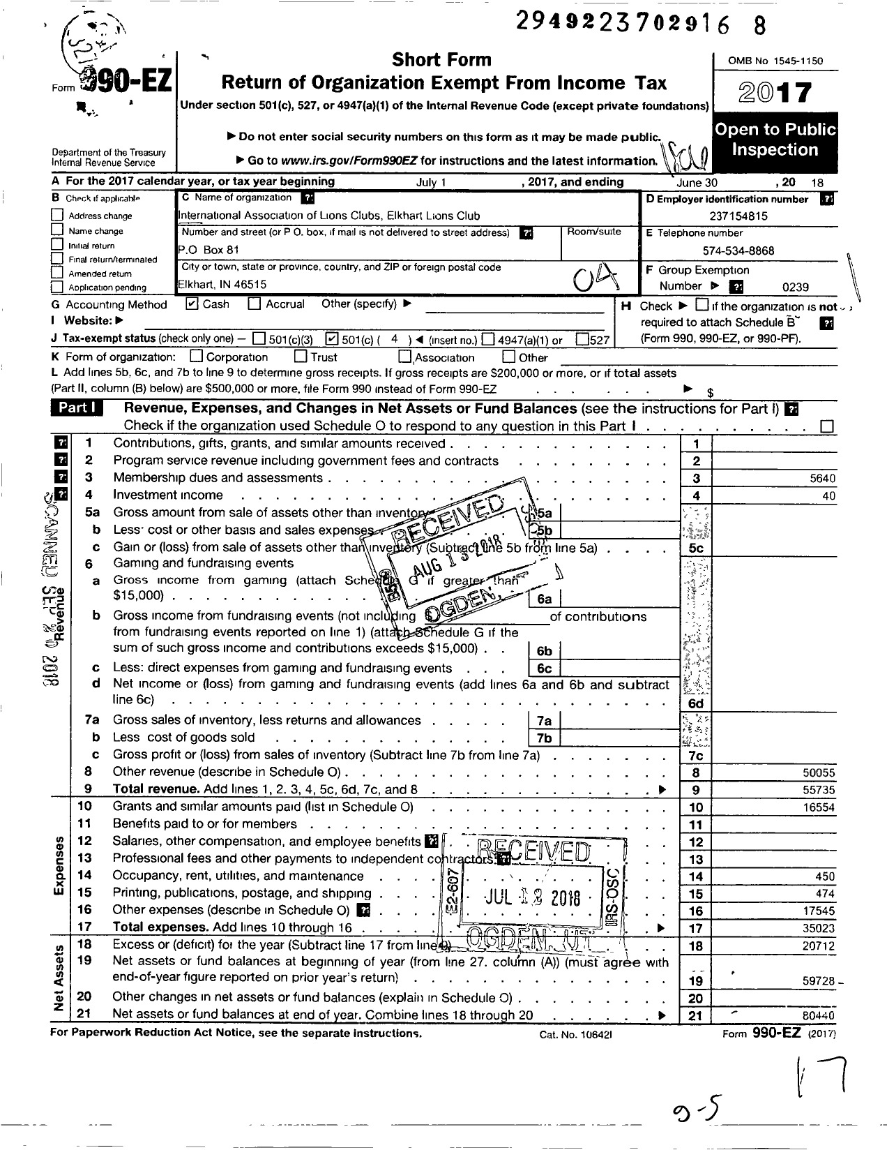 Image of first page of 2017 Form 990EO for Lions Clubs - 9802 Elkhart