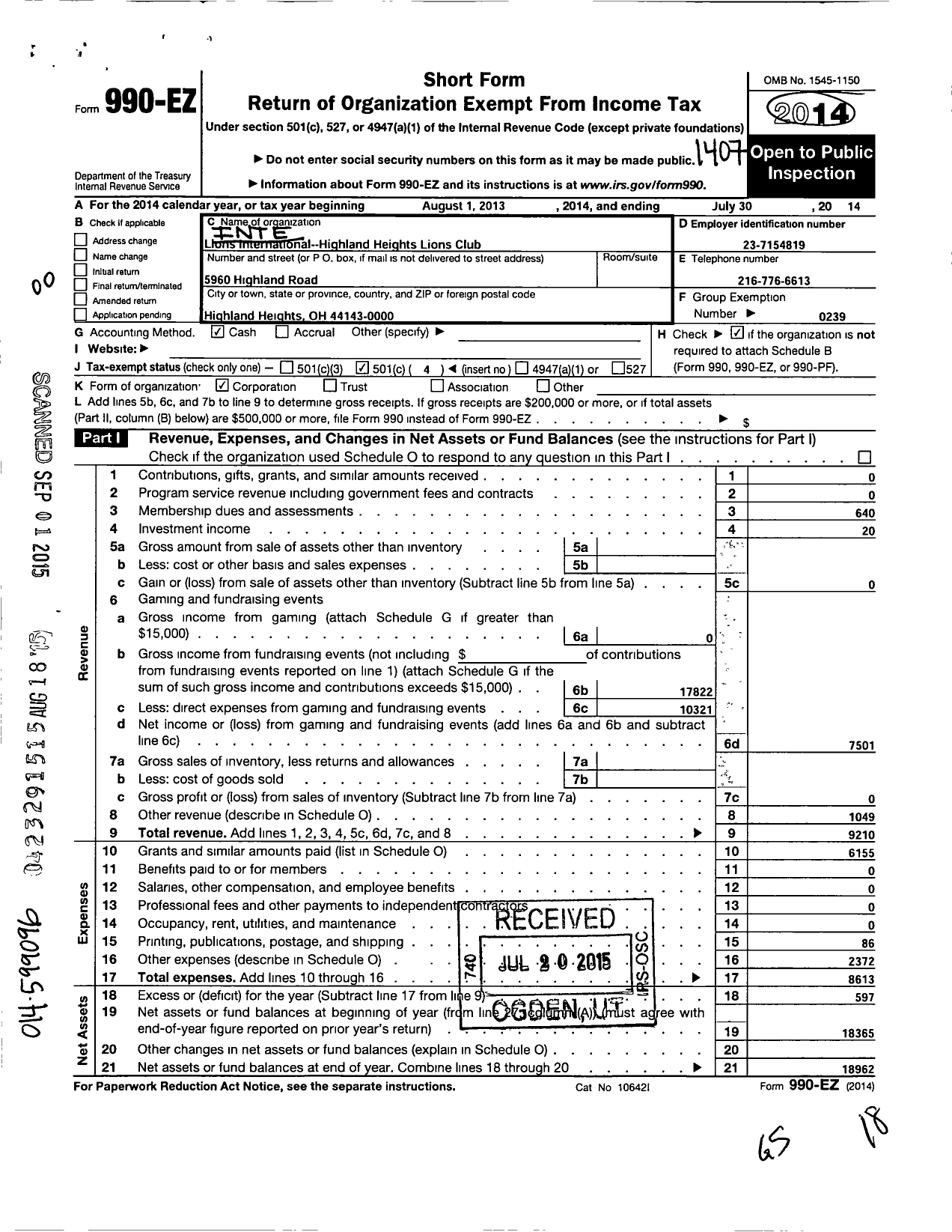 Image of first page of 2013 Form 990EO for Lions Clubs - 5277 Highland Heights