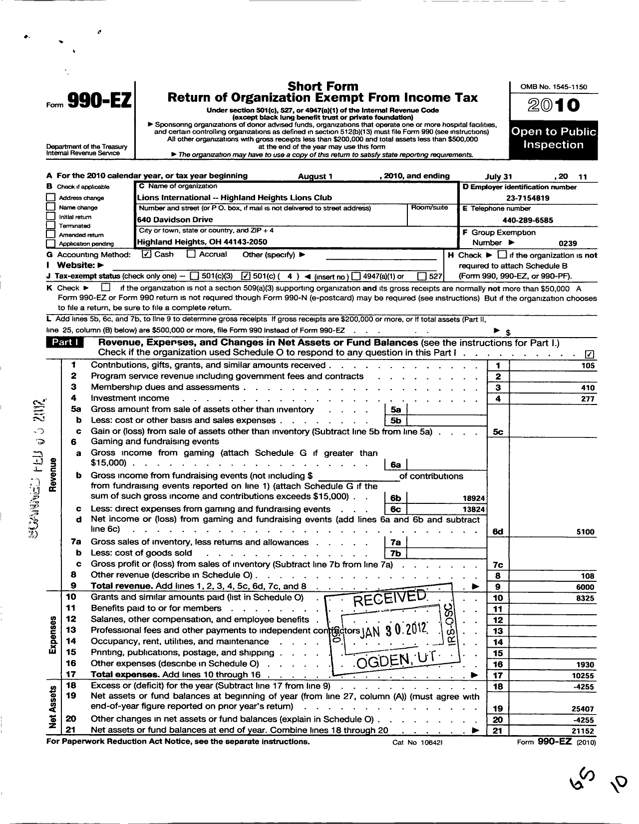Image of first page of 2010 Form 990EO for Lions Clubs - 5277 Highland Heights