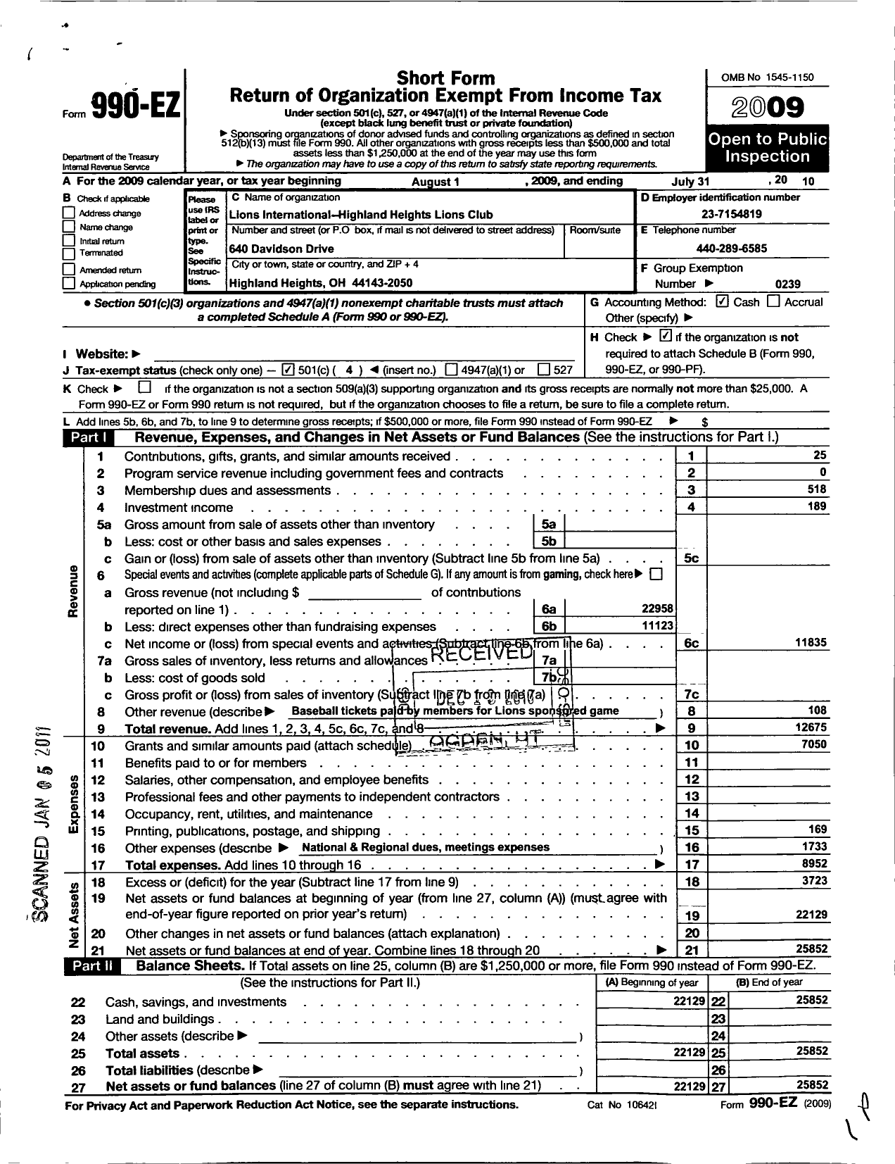 Image of first page of 2009 Form 990EO for Lions Clubs - 5277 Highland Heights
