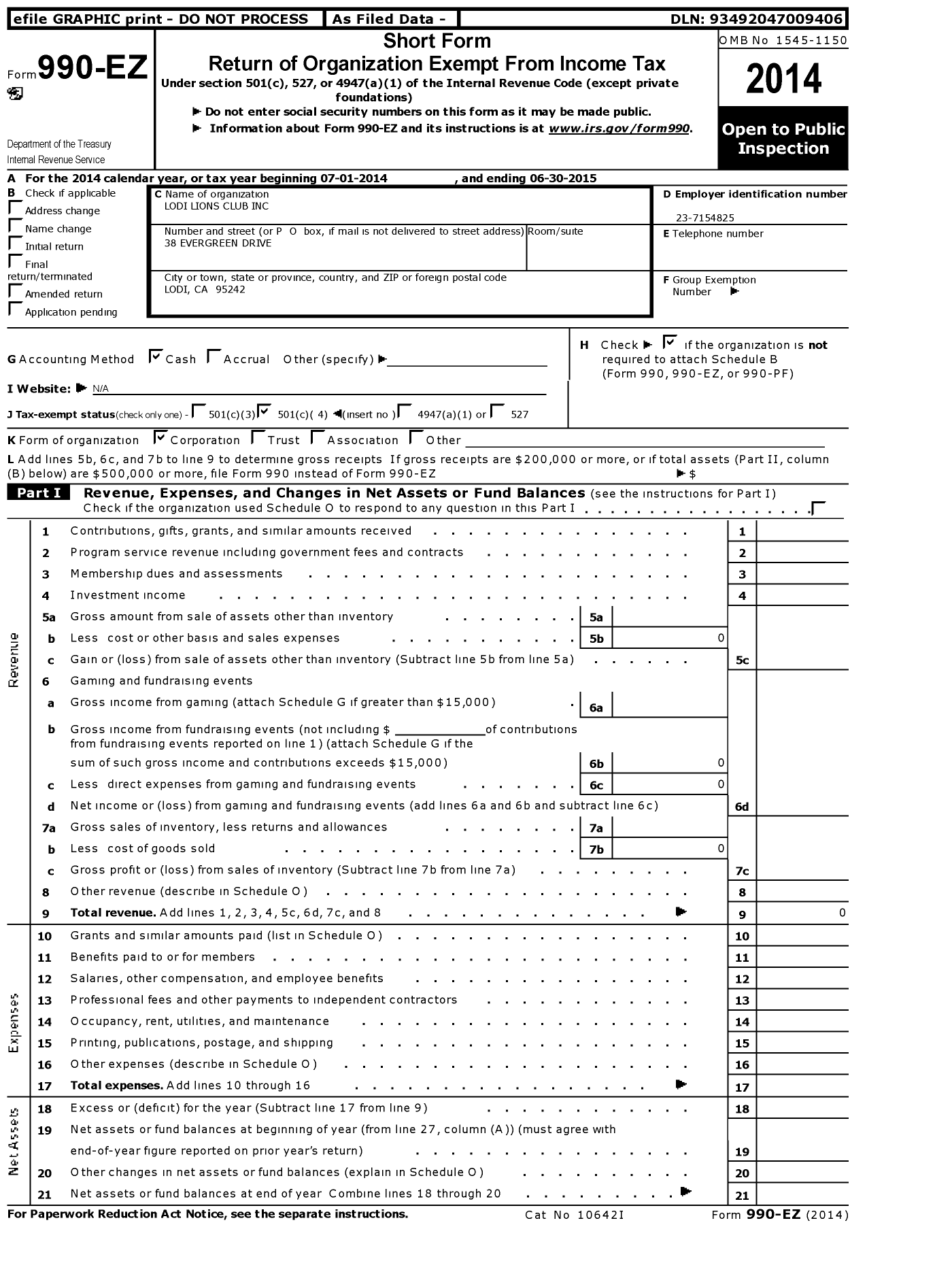 Image of first page of 2014 Form 990EO for Lions Clubs - 2268 Lodi