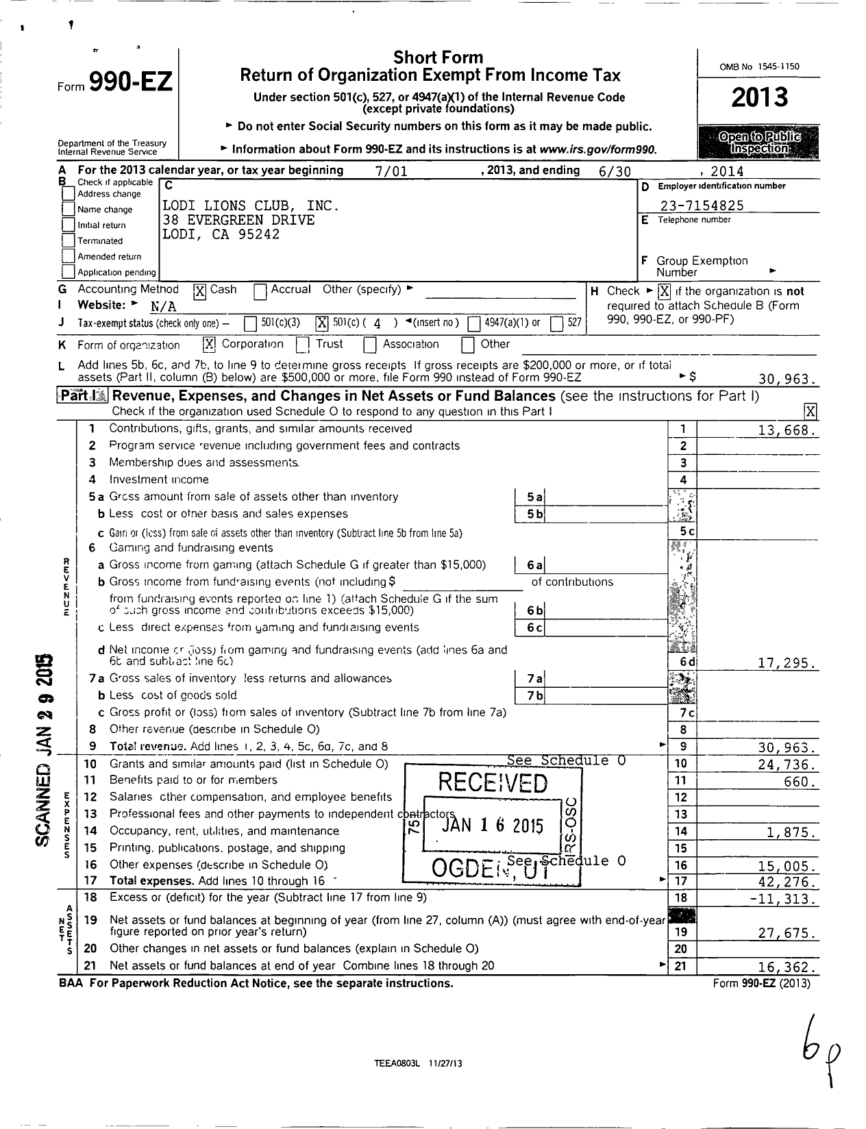 Image of first page of 2013 Form 990EO for Lions Clubs - 2268 Lodi