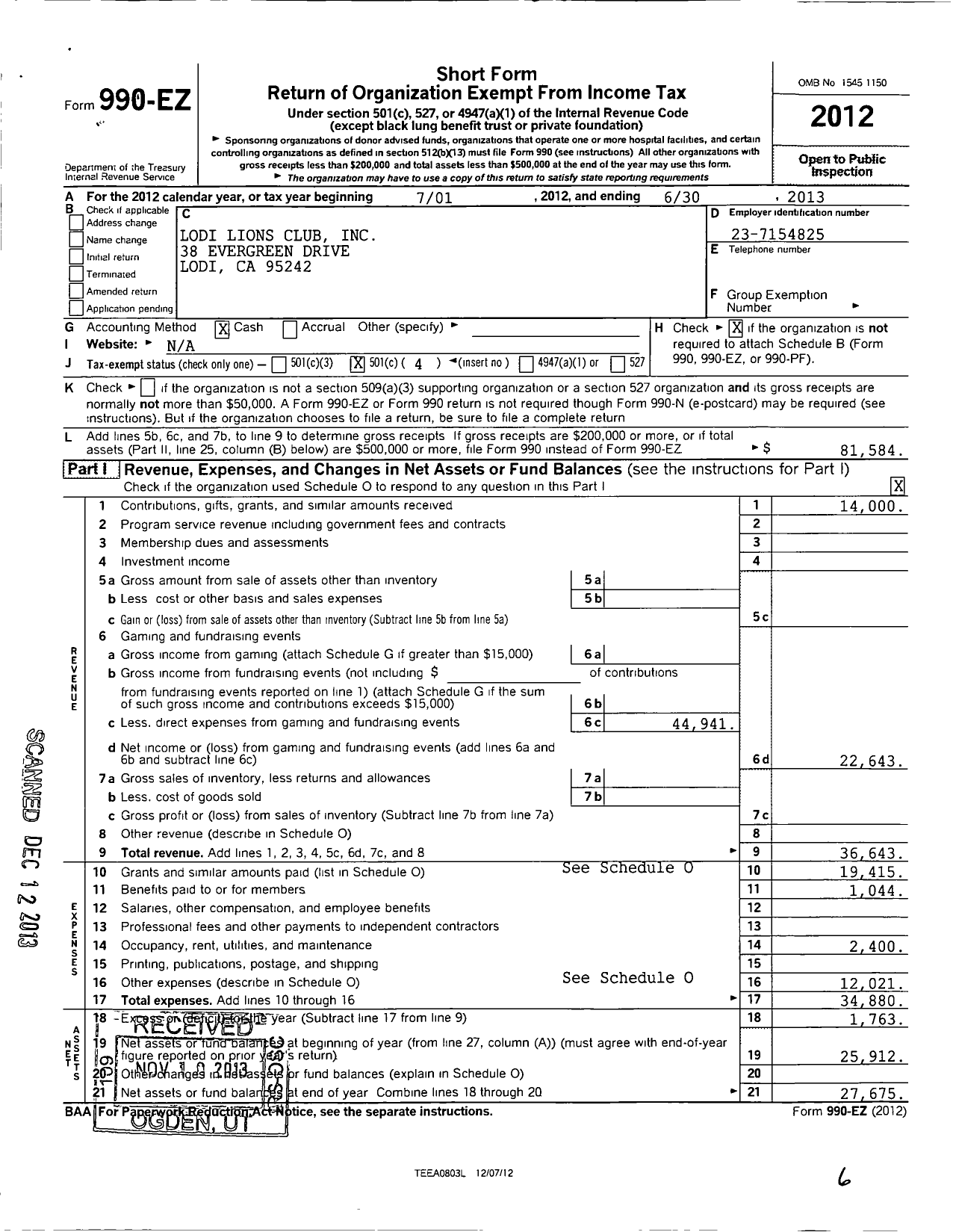 Image of first page of 2012 Form 990EO for Lions Clubs - 2268 Lodi