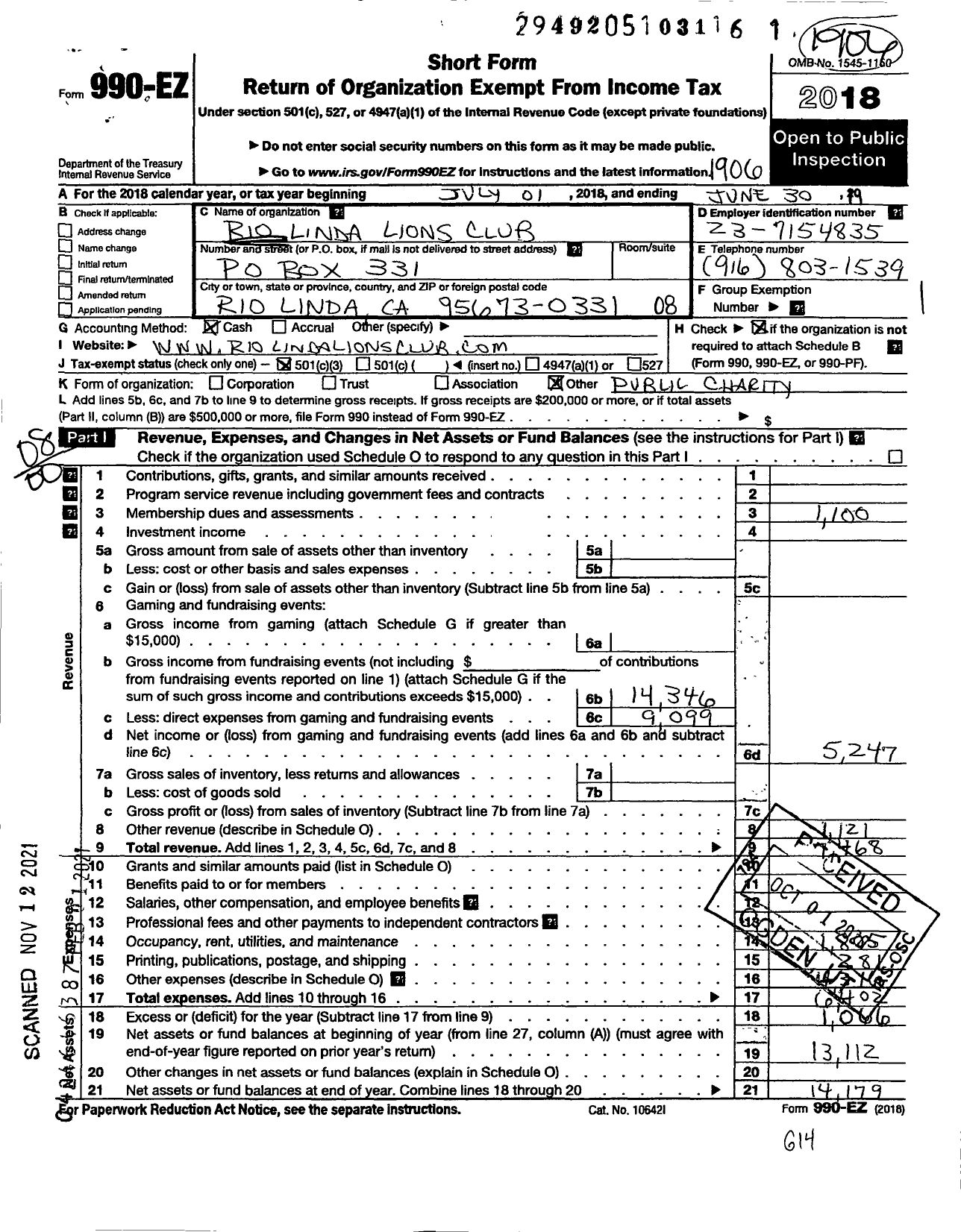 Image of first page of 2018 Form 990EO for Lions Club of Rio Linda