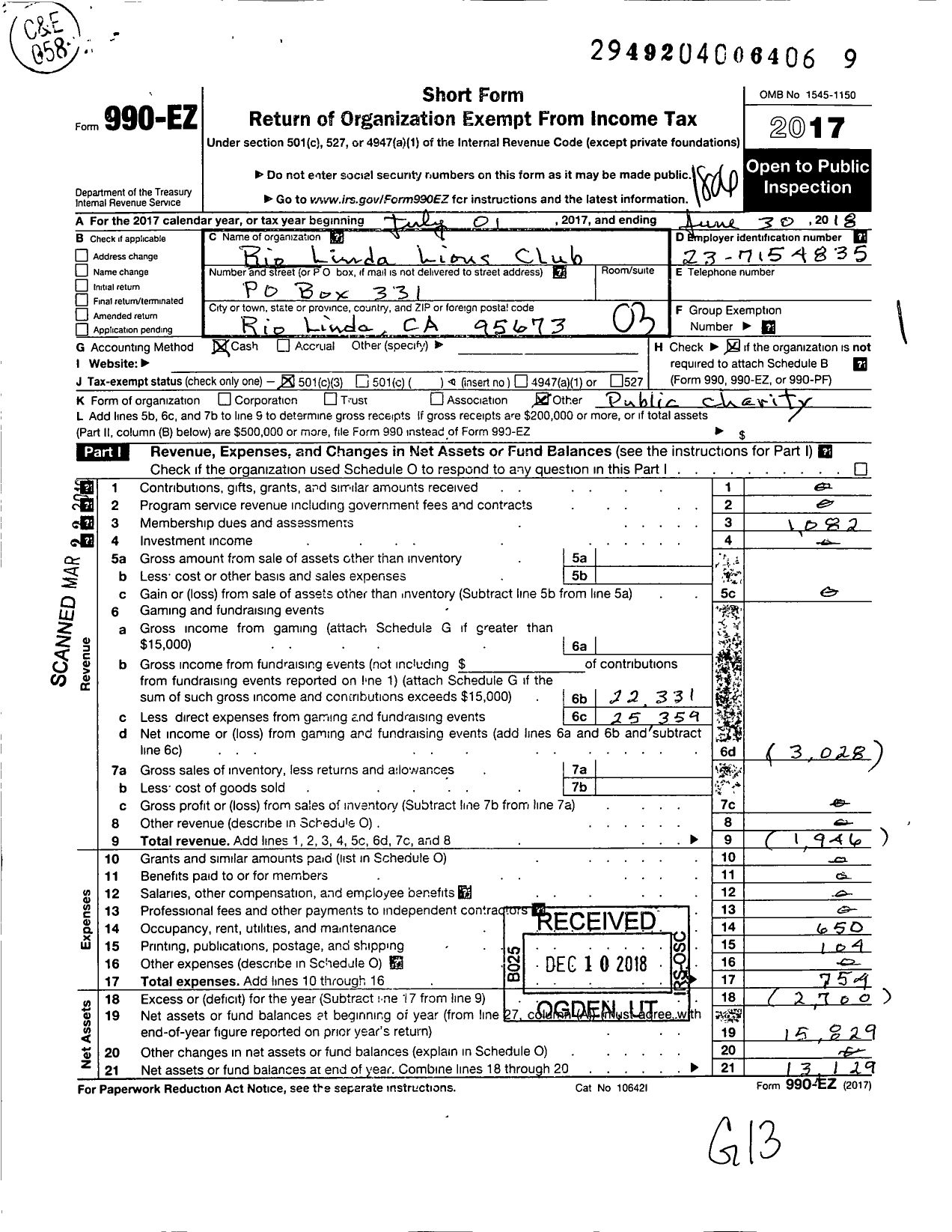 Image of first page of 2017 Form 990EZ for Lions Club of Rio Linda