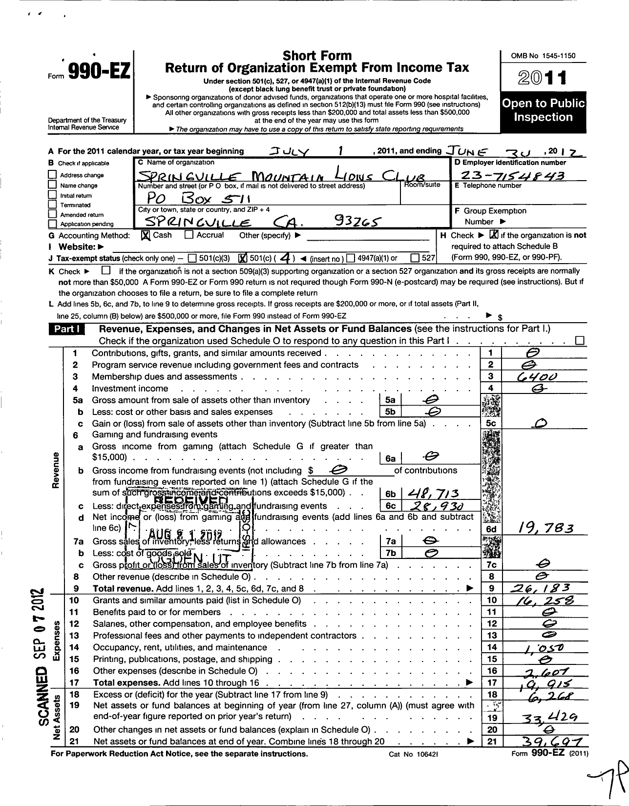 Image of first page of 2011 Form 990EO for Lions Clubs - 2370 Springville Mountain