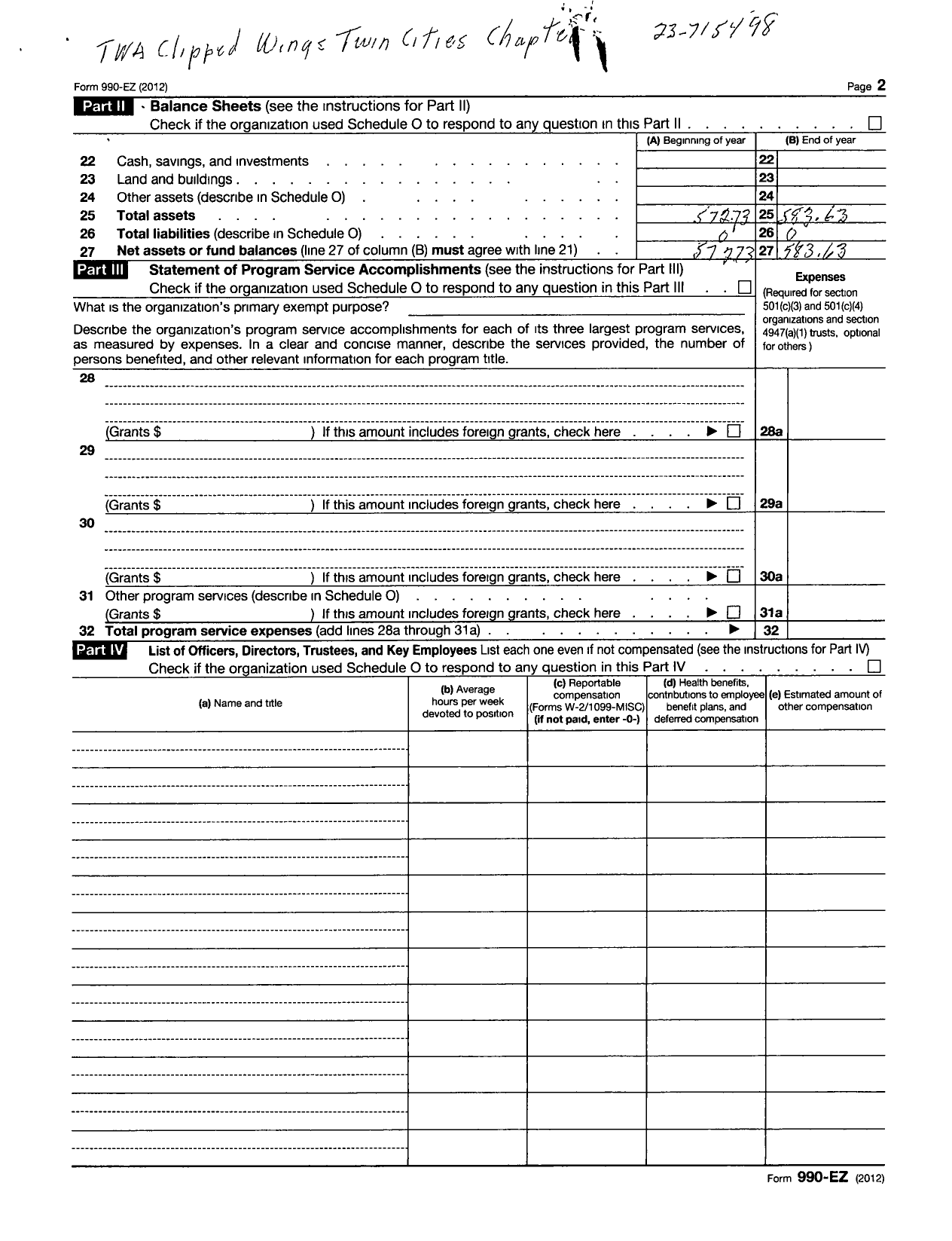 Image of first page of 2012 Form 990EOR for Twa Clipped Wings TS Chapter