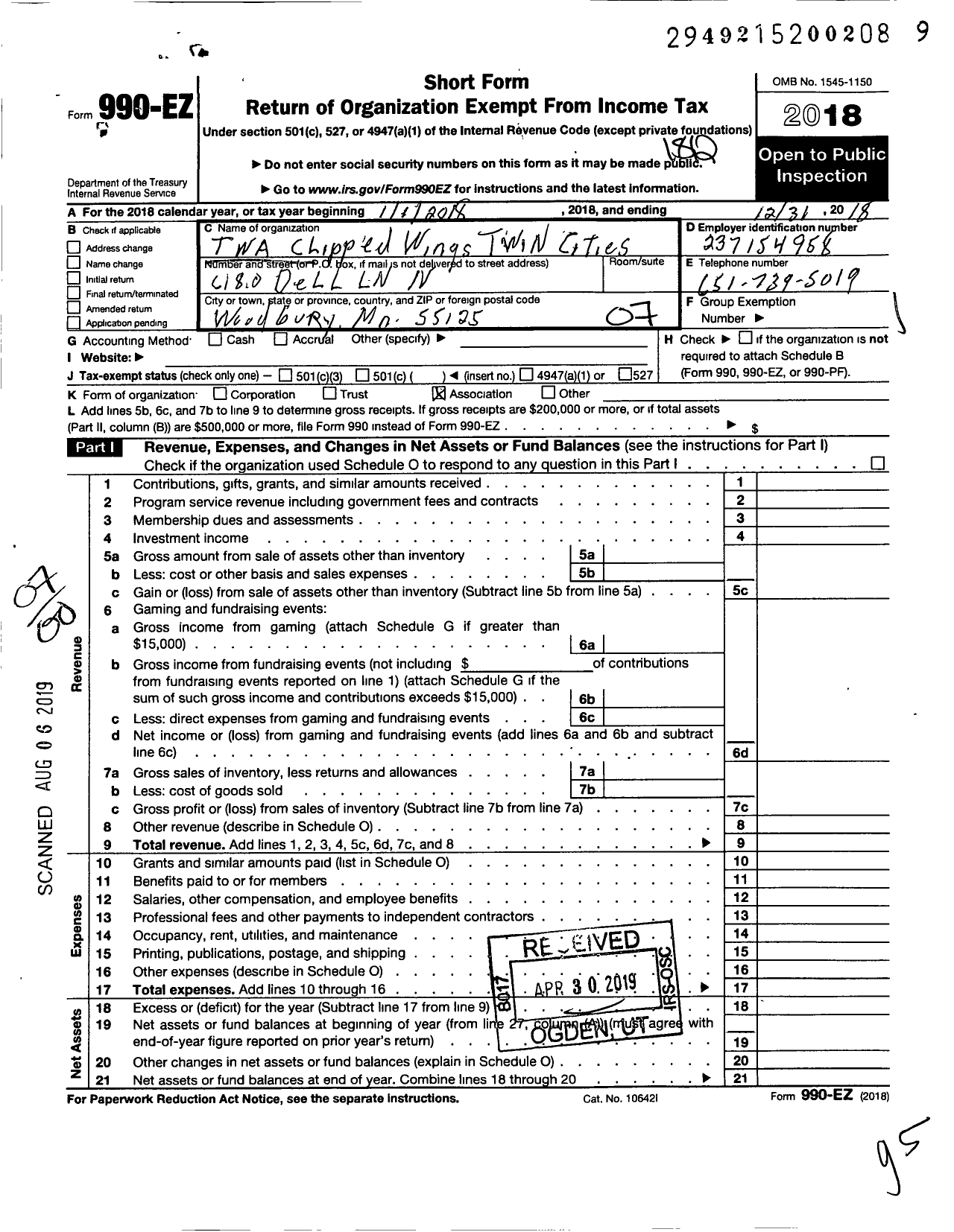 Image of first page of 2018 Form 990EO for Twa Clipped Wings TS Chapter