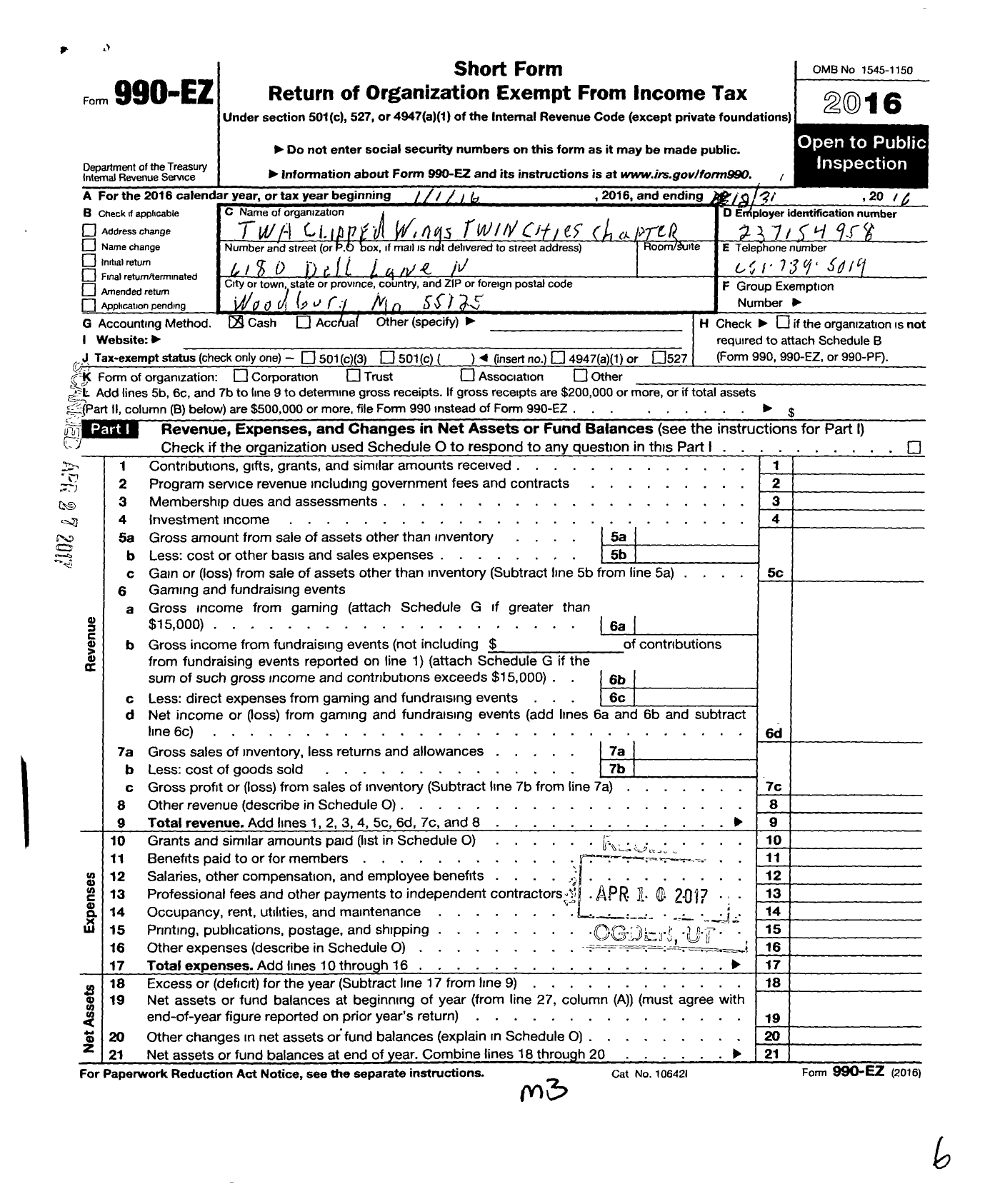 Image of first page of 2016 Form 990EO for Twa Clipped Wings TS Chapter