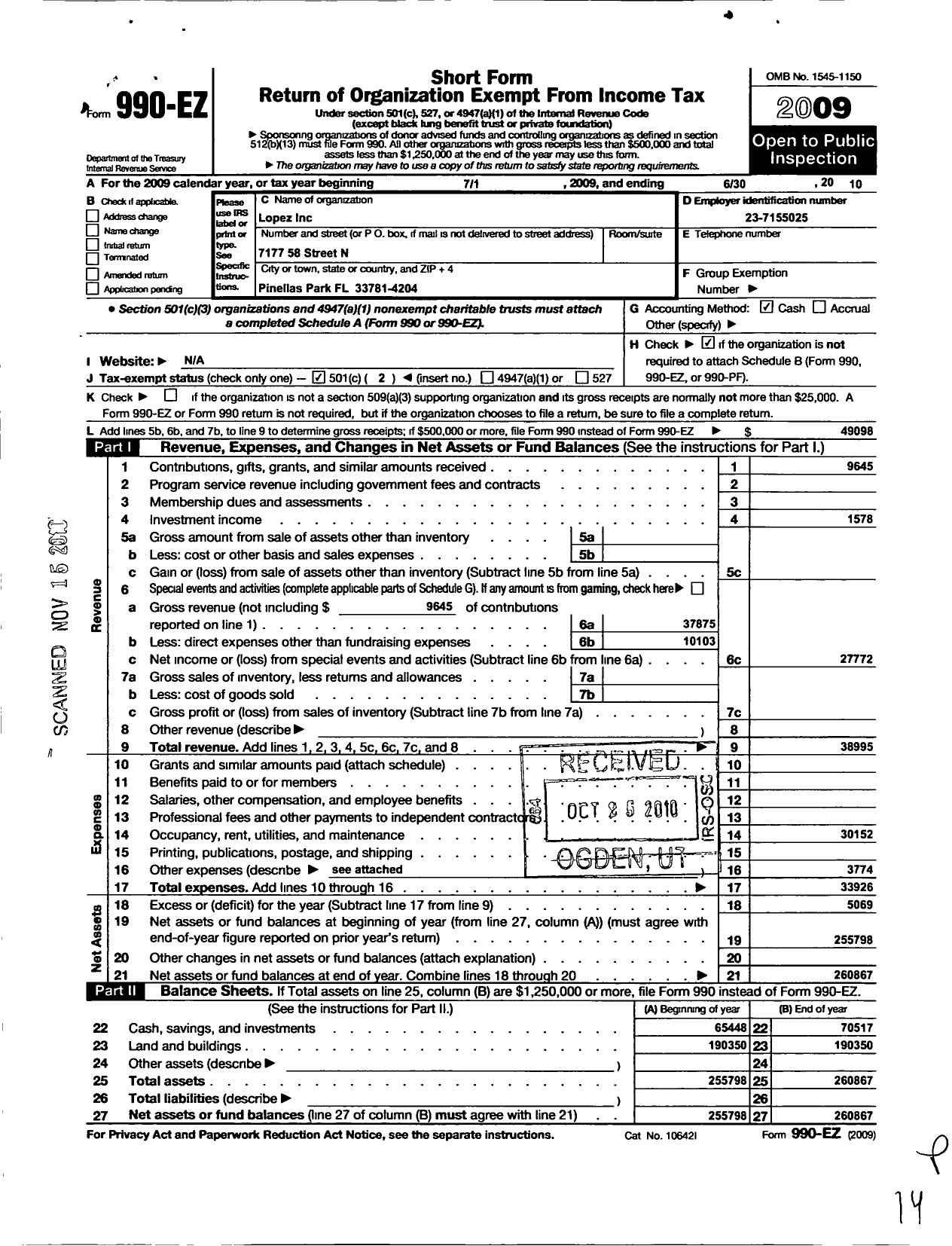 Image of first page of 2009 Form 990EO for Lopez