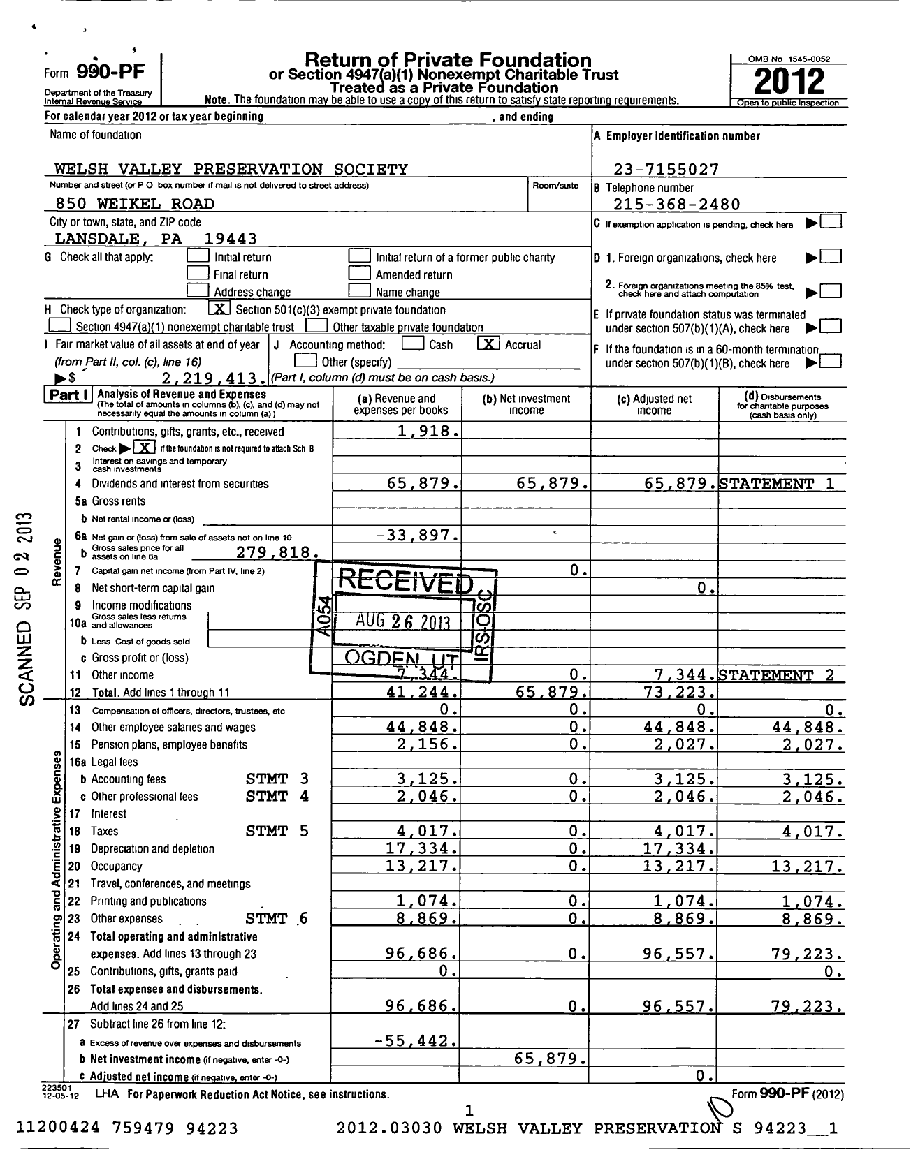 Image of first page of 2012 Form 990PF for Welsh Valley Preservation Society