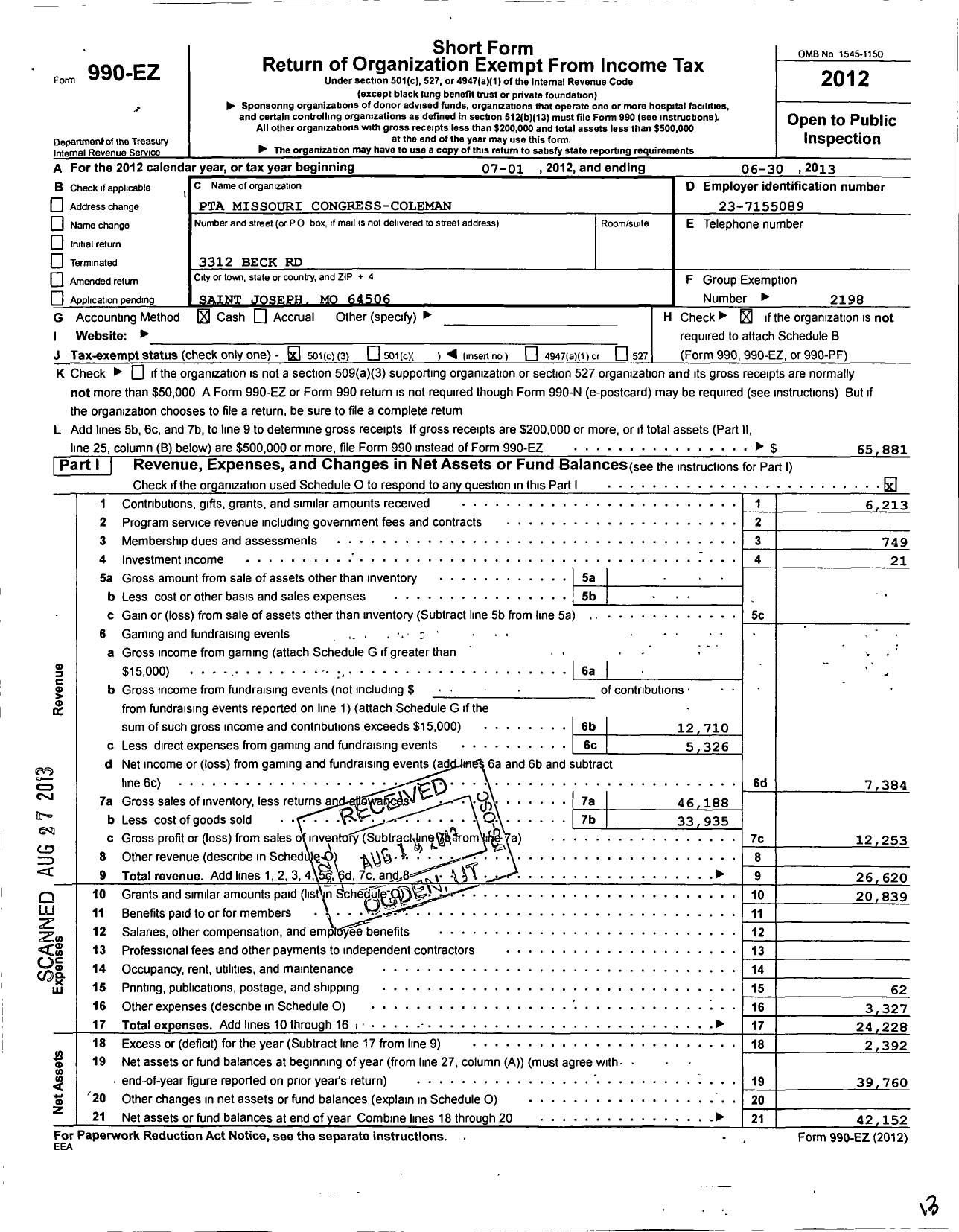 Image of first page of 2012 Form 990EZ for PTA Missouri Congress / Coleman PTA