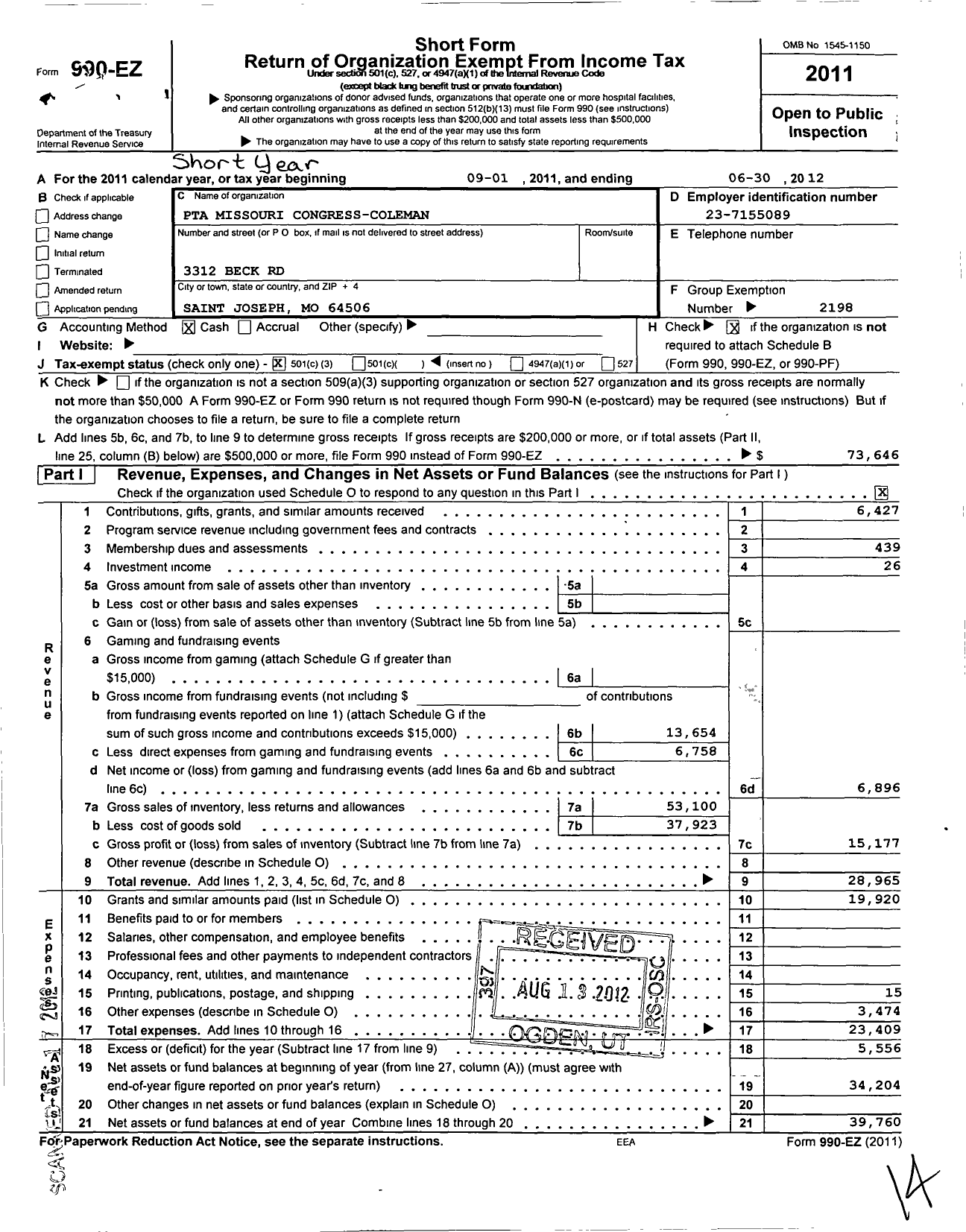 Image of first page of 2011 Form 990EZ for PTA Missouri Congress / Coleman PTA