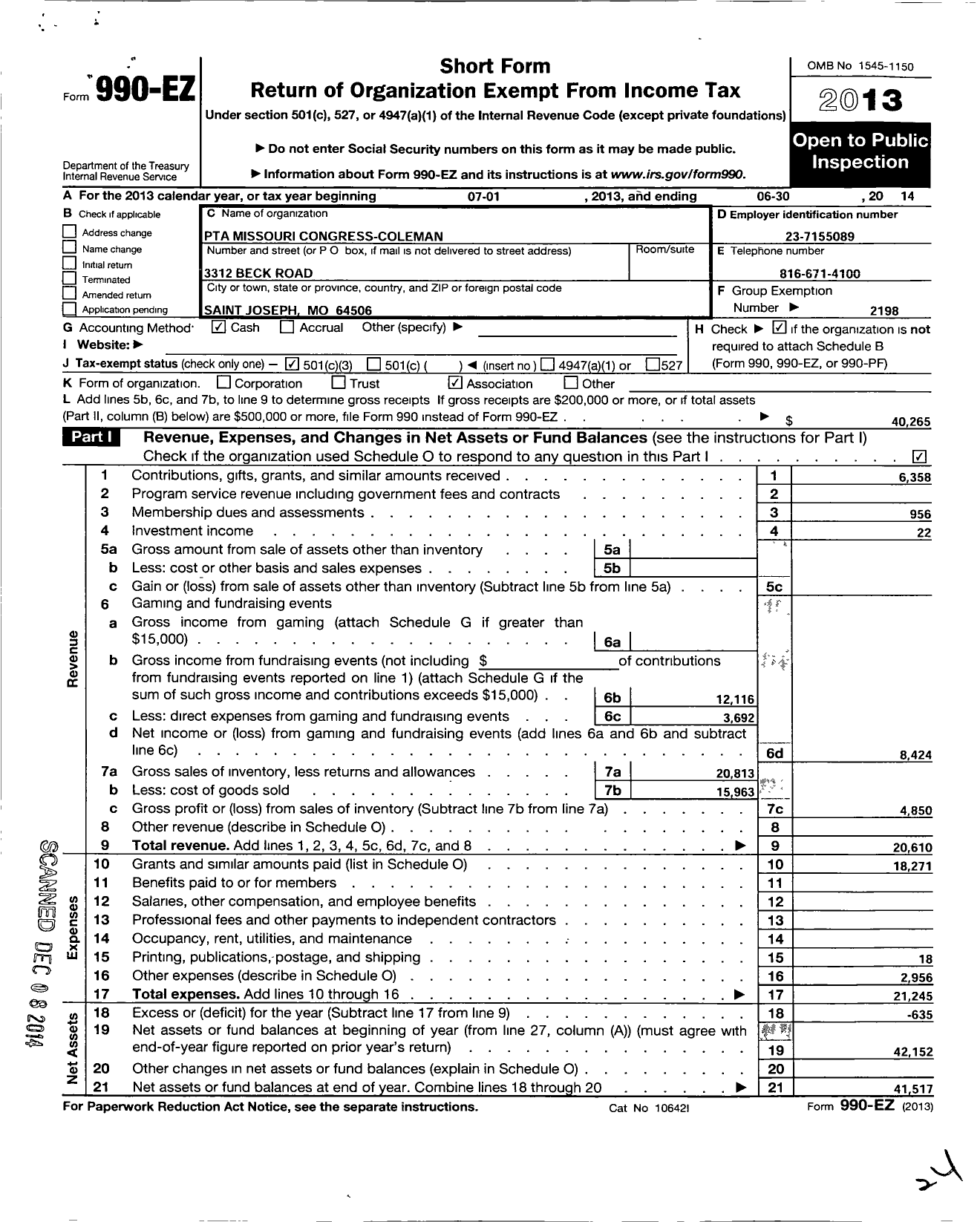 Image of first page of 2013 Form 990EZ for PTA Missouri Congress / Coleman PTA