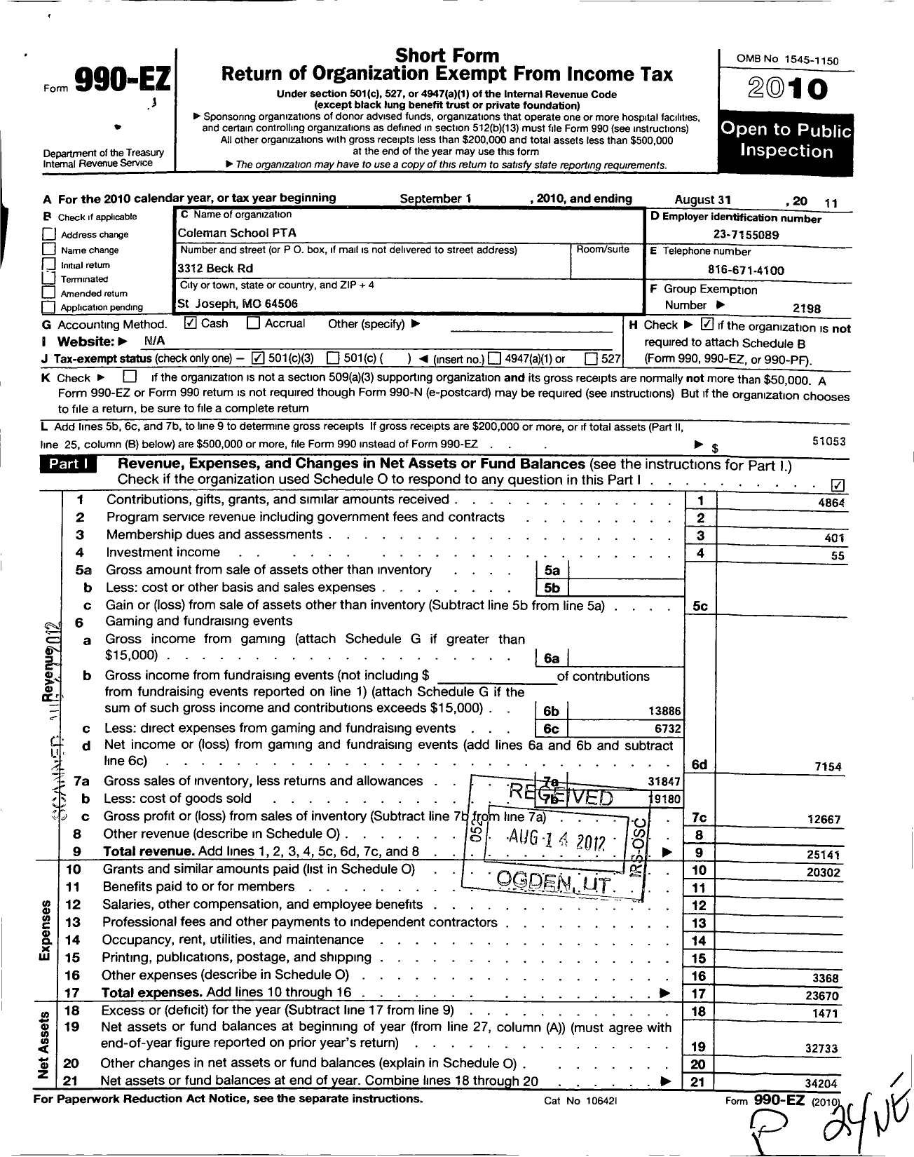 Image of first page of 2010 Form 990EZ for PTA Missouri Congress / Coleman PTA